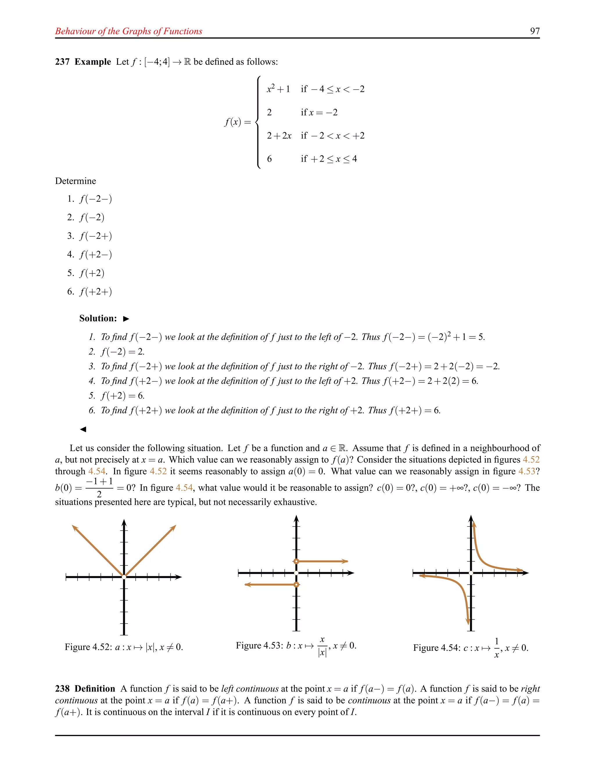 Behaviour of the Graphs of Functions 97
237 Example Let f : [−4;4] → R be deﬁned as follows:
f(x) =



x2 + 1 if − 4 ≤ x < −2
2 if x = −2
2 + 2x if − 2 < x < +2
6 if + 2 ≤ x ≤ 4
Determine
1. f(−2−)
2. f(−2)
3. f(−2+)
4. f(+2−)
5. f(+2)
6. f(+2+)
Solution: ◮
1. To ﬁnd f(−2−) we look at the deﬁnition of f just to the left of −2. Thus f(−2−) = (−2)2 + 1 = 5.
2. f(−2) = 2.
3. To ﬁnd f(−2+) we look at the deﬁnition of f just to the right of −2. Thus f(−2+) = 2 + 2(−2) = −2.
4. To ﬁnd f(+2−) we look at the deﬁnition of f just to the left of +2. Thus f(+2−) = 2 + 2(2) = 6.
5. f(+2) = 6.
6. To ﬁnd f(+2+) we look at the deﬁnition of f just to the right of +2. Thus f(+2+) = 6.
◭
Let us consider the following situation. Let f be a function and a ∈ R. Assume that f is deﬁned in a neighbourhood of
a, but not precisely at x = a. Which value can we reasonably assign to f(a)? Consider the situations depicted in ﬁgures 4.52
through 4.54. In ﬁgure 4.52 it seems reasonably to assign a(0) = 0. What value can we reasonably assign in ﬁgure 4.53?
b(0) =
−1 + 1
2
= 0? In ﬁgure 4.54, what value would it be reasonable to assign? c(0) = 0?, c(0) = +∞?, c(0) = −∞? The
situations presented here are typical, but not necessarily exhaustive.
Figure 4.52: a : x → |x|, x = 0. Figure 4.53: b : x →
x
|x|
, x = 0. Figure 4.54: c : x →
1
x
, x = 0.
238 Deﬁnition A function f is said to be left continuous at the point x = a if f(a−) = f(a). A function f is said to be right
continuous at the point x = a if f(a) = f(a+). A function f is said to be continuous at the point x = a if f(a−) = f(a) =
f(a+). It is continuous on the interval I if it is continuous on every point of I.
 