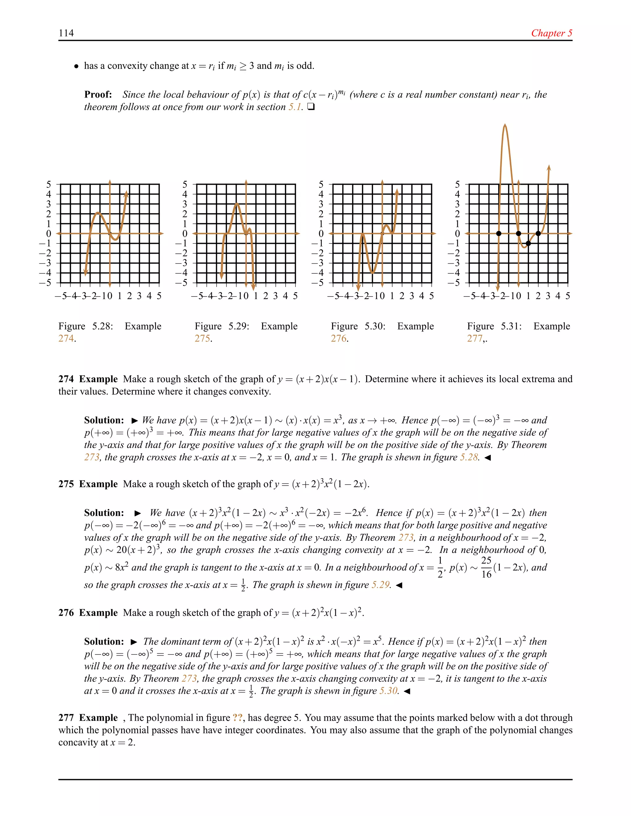 114 Chapter 5
• has a convexity change at x = ri if mi ≥ 3 and mi is odd.
Proof: Since the local behaviour of p(x) is that of c(x − ri)mi (where c is a real number constant) near ri, the
theorem follows at once from our work in section 5.1. u
−5
−4
−3
−2
−1
0
1
2
3
4
5
−5−4−3−2−10 1 2 3 4 5
Figure 5.28: Example
274.
−5
−4
−3
−2
−1
0
1
2
3
4
5
−5−4−3−2−10 1 2 3 4 5
Figure 5.29: Example
275.
−5
−4
−3
−2
−1
0
1
2
3
4
5
−5−4−3−2−10 1 2 3 4 5
Figure 5.30: Example
276.
−5
−4
−3
−2
−1
0
1
2
3
4
5
−5−4−3−2−10 1 2 3 4 5
Figure 5.31: Example
277,.
274 Example Make a rough sketch of the graph of y = (x + 2)x(x − 1). Determine where it achieves its local extrema and
their values. Determine where it changes convexity.
Solution: ◮ We have p(x) = (x + 2)x(x − 1) ∼ (x)·x(x) = x3, as x → +∞. Hence p(−∞) = (−∞)3 = −∞ and
p(+∞) = (+∞)3 = +∞. This means that for large negative values of x the graph will be on the negative side of
the y-axis and that for large positive values of x the graph will be on the positive side of the y-axis. By Theorem
273, the graph crosses the x-axis at x = −2, x = 0, and x = 1. The graph is shewn in ﬁgure 5.28. ◭
275 Example Make a rough sketch of the graph of y = (x+ 2)3x2(1 − 2x).
Solution: ◮ We have (x + 2)3x2(1 − 2x) ∼ x3 · x2(−2x) = −2x6. Hence if p(x) = (x + 2)3x2(1 − 2x) then
p(−∞) = −2(−∞)6 = −∞ and p(+∞) = −2(+∞)6 = −∞, which means that for both large positive and negative
values of x the graph will be on the negative side of the y-axis. By Theorem 273, in a neighbourhood of x = −2,
p(x) ∼ 20(x + 2)3, so the graph crosses the x-axis changing convexity at x = −2. In a neighbourhood of 0,
p(x) ∼ 8x2 and the graph is tangent to the x-axis at x = 0. In a neighbourhood of x =
1
2
, p(x) ∼
25
16
(1−2x), and
so the graph crosses the x-axis at x = 1
2 . The graph is shewn in ﬁgure 5.29. ◭
276 Example Make a rough sketch of the graph of y = (x+ 2)2x(1 − x)2.
Solution: ◮ The dominant term of (x+ 2)2x(1 − x)2 is x2 ·x(−x)2 = x5. Hence if p(x) = (x+ 2)2x(1 − x)2 then
p(−∞) = (−∞)5
= −∞ and p(+∞) = (+∞)5
= +∞, which means that for large negative values of x the graph
will be on the negative side of the y-axis and for large positive values of x the graph will be on the positive side of
the y-axis. By Theorem 273, the graph crosses the x-axis changing convexity at x = −2, it is tangent to the x-axis
at x = 0 and it crosses the x-axis at x = 1
2 . The graph is shewn in ﬁgure 5.30. ◭
277 Example , The polynomial in ﬁgure ??, has degree 5. You may assume that the points marked below with a dot through
which the polynomial passes have have integer coordinates. You may also assume that the graph of the polynomial changes
concavity at x = 2.
 