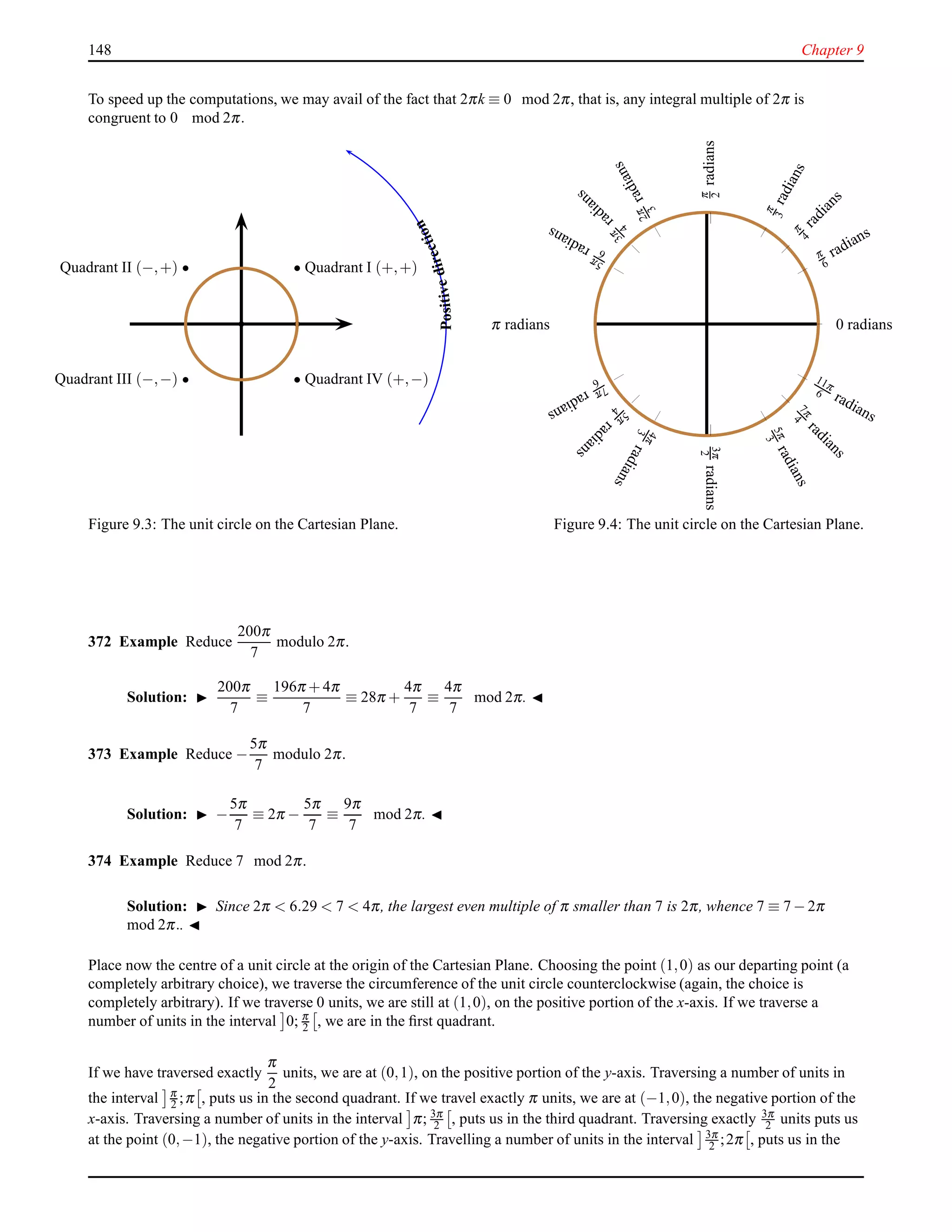148 Chapter 9
To speed up the computations, we may avail of the fact that 2πk ≡ 0 mod 2π, that is, any integral multiple of 2π is
congruent to 0 mod 2π.
Quadrant I (+,+)
Quadrant IV (+,−)
Quadrant II (−,+)
Quadrant III (−,−)
Positivedirection
Figure 9.3: The unit circle on the Cartesian Plane.
0 radians
π
6
radiansπ
4radians
π
3radians
π
2radians
2π
3
radians3π
4
radians
5π
6radians
π radians
7π
6
radians
5
π
4
radians
4π
3radians
3π
2radians
5π
3
radians7π
4
radians
11π
6 radians
Figure 9.4: The unit circle on the Cartesian Plane.
372 Example Reduce
200π
7
modulo 2π.
Solution: ◮
200π
7
≡
196π + 4π
7
≡ 28π +
4π
7
≡
4π
7
mod 2π. ◭
373 Example Reduce −
5π
7
modulo 2π.
Solution: ◮ −
5π
7
≡ 2π −
5π
7
≡
9π
7
mod 2π. ◭
374 Example Reduce 7 mod 2π.
Solution: ◮ Since 2π < 6.29 < 7 < 4π, the largest even multiple of π smaller than 7 is 2π, whence 7 ≡ 7 − 2π
mod 2π.. ◭
Place now the centre of a unit circle at the origin of the Cartesian Plane. Choosing the point (1,0) as our departing point (a
completely arbitrary choice), we traverse the circumference of the unit circle counterclockwise (again, the choice is
completely arbitrary). If we traverse 0 units, we are still at (1,0), on the positive portion of the x-axis. If we traverse a
number of units in the interval 0; π
2 , we are in the ﬁrst quadrant.
If we have traversed exactly
π
2
units, we are at (0,1), on the positive portion of the y-axis. Traversing a number of units in
the interval π
2 ;π , puts us in the second quadrant. If we travel exactly π units, we are at (−1,0), the negative portion of the
x-axis. Traversing a number of units in the interval π; 3π
2 , puts us in the third quadrant. Traversing exactly 3π
2 units puts us
at the point (0,−1), the negative portion of the y-axis. Travelling a number of units in the interval 3π
2 ;2π , puts us in the
 