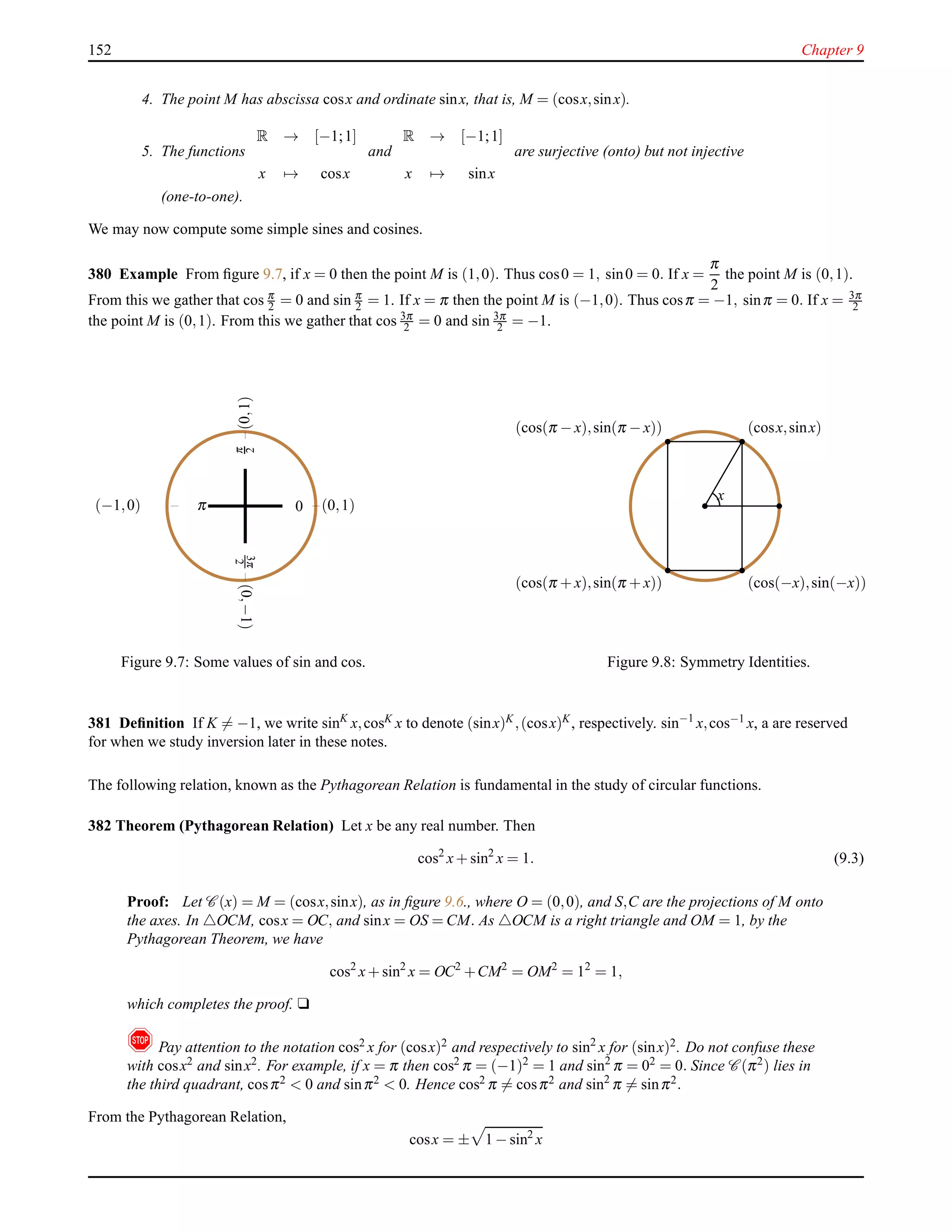 152 Chapter 9
4. The point M has abscissa cosx and ordinate sinx, that is, M = (cosx,sinx).
5. The functions
R → [−1;1]
x → cosx
and
R → [−1;1]
x → sinx
are surjective (onto) but not injective
(one-to-one).
We may now compute some simple sines and cosines.
380 Example From ﬁgure 9.7, if x = 0 then the point M is (1,0). Thus cos0 = 1, sin0 = 0. If x =
π
2
the point M is (0,1).
From this we gather that cos π
2 = 0 and sin π
2 = 1. If x = π then the point M is (−1,0). Thus cosπ = −1, sinπ = 0. If x = 3π
2
the point M is (0,1). From this we gather that cos 3π
2 = 0 and sin 3π
2 = −1.
0
π
2
π
3π
2
(0,1)
(0,1)
(−1,0)
(0,−1)
Figure 9.7: Some values of sin and cos.
x
(cosx,sinx)
(cos(−x),sin(−x))
(cos(π − x),sin(π − x))
(cos(π + x),sin(π + x))
Figure 9.8: Symmetry Identities.
381 Deﬁnition If K = −1, we write sinK
x,cosK x to denote (sinx)K,(cosx)K, respectively. sin−1
x,cos−1 x, a are reserved
for when we study inversion later in these notes.
The following relation, known as the Pythagorean Relation is fundamental in the study of circular functions.
382 Theorem (Pythagorean Relation) Let x be any real number. Then
cos2
x+ sin2
x = 1. (9.3)
Proof: Let C (x) = M = (cosx,sinx), as in ﬁgure 9.6., where O = (0,0), and S,C are the projections of M onto
the axes. In △OCM, cosx = OC, and sinx = OS = CM. As △OCM is a right triangle and OM = 1, by the
Pythagorean Theorem, we have
cos2
x+ sin2
x = OC2
+CM2
= OM2
= 12
= 1,
which completes the proof. u
! Pay attention to the notation cos2 x for (cosx)2 and respectively to sin2
x for (sinx)2. Do not confuse these
with cosx2 and sinx2. For example, if x = π then cos2 π = (−1)2 = 1 and sin2
π = 02 = 0. Since C (π2) lies in
the third quadrant, cosπ2 < 0 and sinπ2 < 0. Hence cos2 π = cosπ2 and sin2
π = sinπ2.
From the Pythagorean Relation,
cosx = ± 1 − sin2
x
 