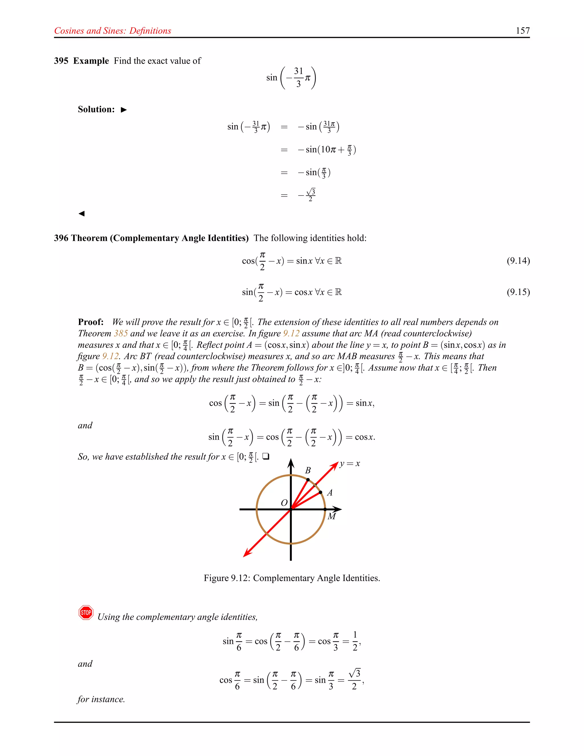 Cosines and Sines: Deﬁnitions 157
395 Example Find the exact value of
sin −
31
3
π
Solution: ◮
sin −31
3 π = −sin 31π
3
= −sin(10π + π
3 )
= −sin(π
3 )
= −
√
3
2
◭
396 Theorem (Complementary Angle Identities) The following identities hold:
cos(
π
2
− x) = sinx ∀x ∈ R (9.14)
sin(
π
2
− x) = cosx ∀x ∈ R (9.15)
Proof: We will prove the result for x ∈ [0; π
2 [. The extension of these identities to all real numbers depends on
Theorem 385 and we leave it as an exercise. In ﬁgure 9.12 assume that arc MA (read counterclockwise)
measures x and that x ∈ [0; π
4 [. Reﬂect point A = (cosx,sinx) about the line y = x, to point B = (sinx,cosx) as in
ﬁgure 9.12. Arc BT (read counterclockwise) measures x, and so arc MAB measures π
2 − x. This means that
B = (cos(π
2 − x),sin(π
2 − x)), from where the Theorem follows for x ∈]0; π
4 [. Assume now that x ∈ [π
4 ; π
2 [. Then
π
2 − x ∈ [0; π
4 [, and so we apply the result just obtained to π
2 − x:
cos
π
2
− x = sin
π
2
−
π
2
− x = sinx,
and
sin
π
2
− x = cos
π
2
−
π
2
− x = cosx.
So, we have established the result for x ∈ [0; π
2 [. u
y = x
O
M
A
B
Figure 9.12: Complementary Angle Identities.
! Using the complementary angle identities,
sin
π
6
= cos
π
2
−
π
6
= cos
π
3
=
1
2
,
and
cos
π
6
= sin
π
2
−
π
6
= sin
π
3
=
√
3
2
,
for instance.
 
