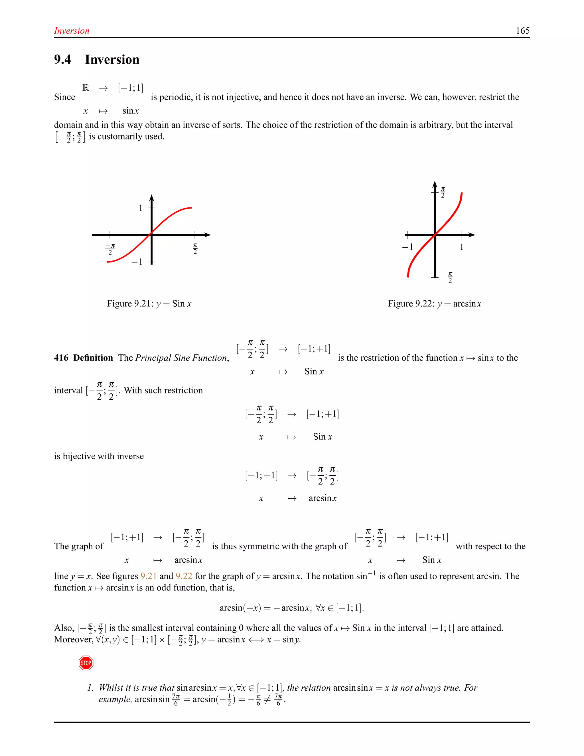 Inversion 165
9.4 Inversion
Since
R → [−1;1]
x → sinx
is periodic, it is not injective, and hence it does not have an inverse. We can, however, restrict the
domain and in this way obtain an inverse of sorts. The choice of the restriction of the domain is arbitrary, but the interval
−π
2 ; π
2 is customarily used.
1
−1
π
2
−π
2
Figure 9.21: y = Sin x
1−1
π
2
−π
2
Figure 9.22: y = arcsinx
416 Deﬁnition The Principal Sine Function,
[−
π
2
;
π
2
] → [−1;+1]
x → Sin x
is the restriction of the function x → sinx to the
interval [−
π
2
;
π
2
]. With such restriction
[−
π
2
;
π
2
] → [−1;+1]
x → Sin x
is bijective with inverse
[−1;+1] → [−
π
2
;
π
2
]
x → arcsinx
The graph of
[−1;+1] → [−
π
2
;
π
2
]
x → arcsinx
is thus symmetric with the graph of
[−
π
2
;
π
2
] → [−1;+1]
x → Sin x
with respect to the
line y = x. See ﬁgures 9.21 and 9.22 for the graph of y = arcsinx. The notation sin−1
is often used to represent arcsin. The
function x → arcsinx is an odd function, that is,
arcsin(−x) = −arcsinx, ∀x ∈ [−1;1].
Also, [−π
2 ; π
2 ] is the smallest interval containing 0 where all the values of x → Sin x in the interval [−1;1] are attained.
Moreover, ∀(x,y) ∈ [−1;1]× [−π
2 ; π
2 ], y = arcsinx ⇐⇒ x = siny.
!
1. Whilst it is true that sinarcsinx = x,∀x ∈ [−1;1], the relation arcsinsinx = x is not always true. For
example, arcsinsin 7π
6 = arcsin(−1
2 ) = −π
6 = 7π
6 .
 