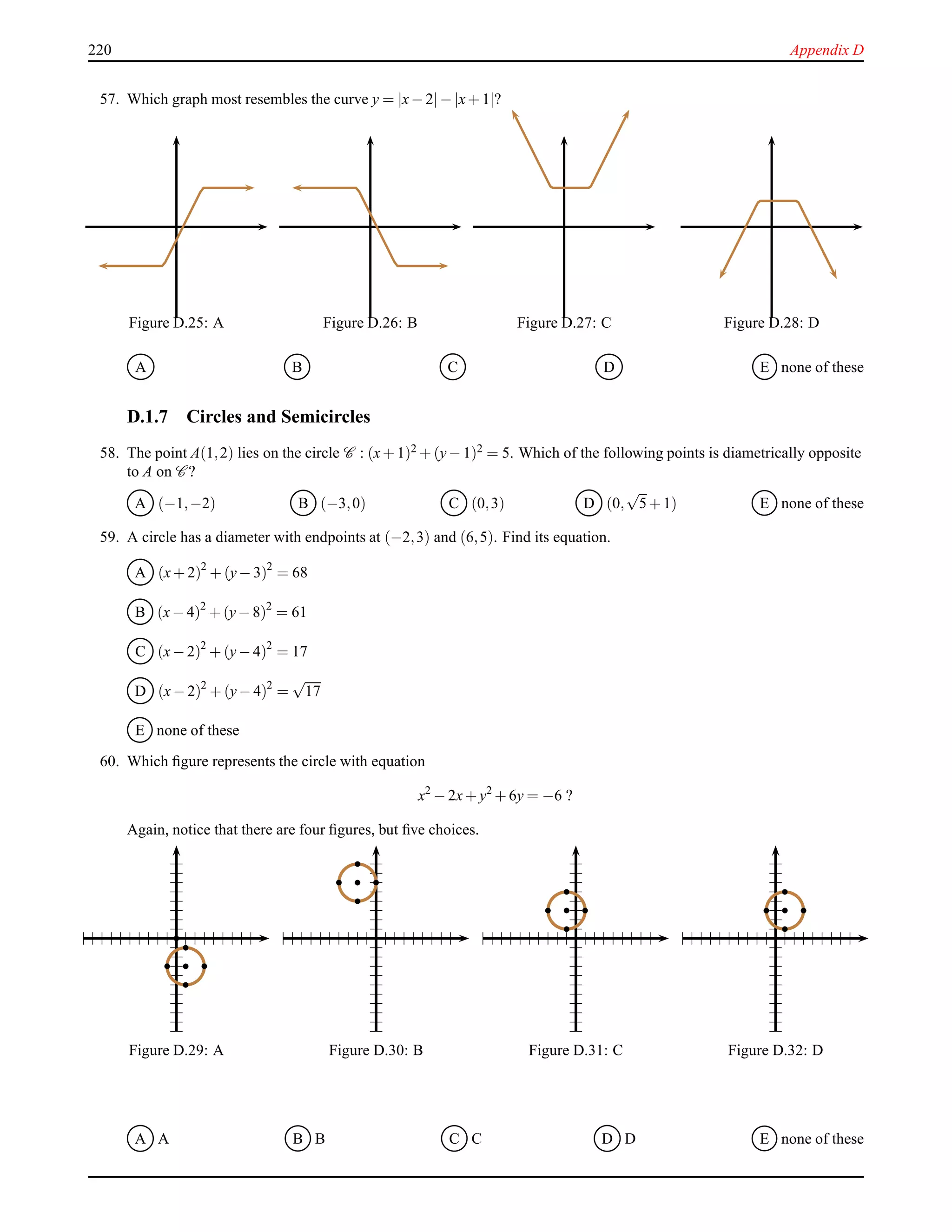 220 Appendix D
57. Which graph most resembles the curve y = |x− 2|− |x+ 1|?
Figure D.25: A Figure D.26: B Figure D.27: C Figure D.28: D
A B C D E none of these
D.1.7 Circles and Semicircles
58. The point A(1,2) lies on the circle C : (x+ 1)2 + (y− 1)2 = 5. Which of the following points is diametrically opposite
to A on C ?
A (−1,−2) B (−3,0) C (0,3) D (0,
√
5+ 1) E none of these
59. A circle has a diameter with endpoints at (−2,3) and (6,5). Find its equation.
A (x+ 2)2
+ (y− 3)2
= 68
B (x− 4)2
+ (y− 8)2
= 61
C (x− 2)2
+ (y− 4)2
= 17
D (x− 2)2
+ (y− 4)2
=
√
17
E none of these
60. Which ﬁgure represents the circle with equation
x2
− 2x+ y2
+ 6y = −6 ?
Again, notice that there are four ﬁgures, but ﬁve choices.
Figure D.29: A Figure D.30: B Figure D.31: C Figure D.32: D
A A B B C C D D E none of these
 