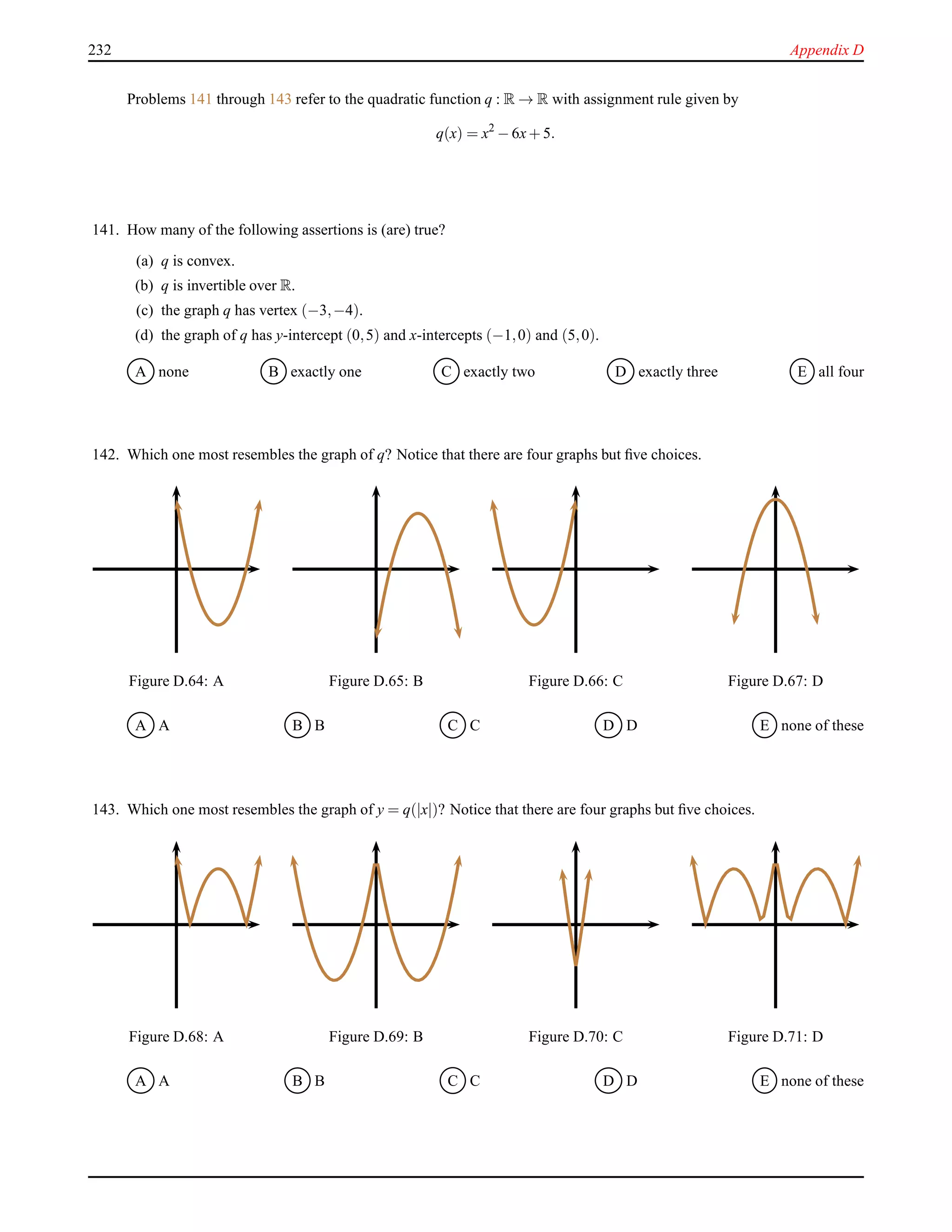 232 Appendix D
Problems 141 through 143 refer to the quadratic function q : R → R with assignment rule given by
q(x) = x2
− 6x+ 5.
141. How many of the following assertions is (are) true?
(a) q is convex.
(b) q is invertible over R.
(c) the graph q has vertex (−3,−4).
(d) the graph of q has y-intercept (0,5) and x-intercepts (−1,0) and (5,0).
A none B exactly one C exactly two D exactly three E all four
142. Which one most resembles the graph of q? Notice that there are four graphs but ﬁve choices.
Figure D.64: A Figure D.65: B Figure D.66: C Figure D.67: D
A A B B C C D D E none of these
143. Which one most resembles the graph of y = q(|x|)? Notice that there are four graphs but ﬁve choices.
Figure D.68: A Figure D.69: B Figure D.70: C Figure D.71: D
A A B B C C D D E none of these
 
