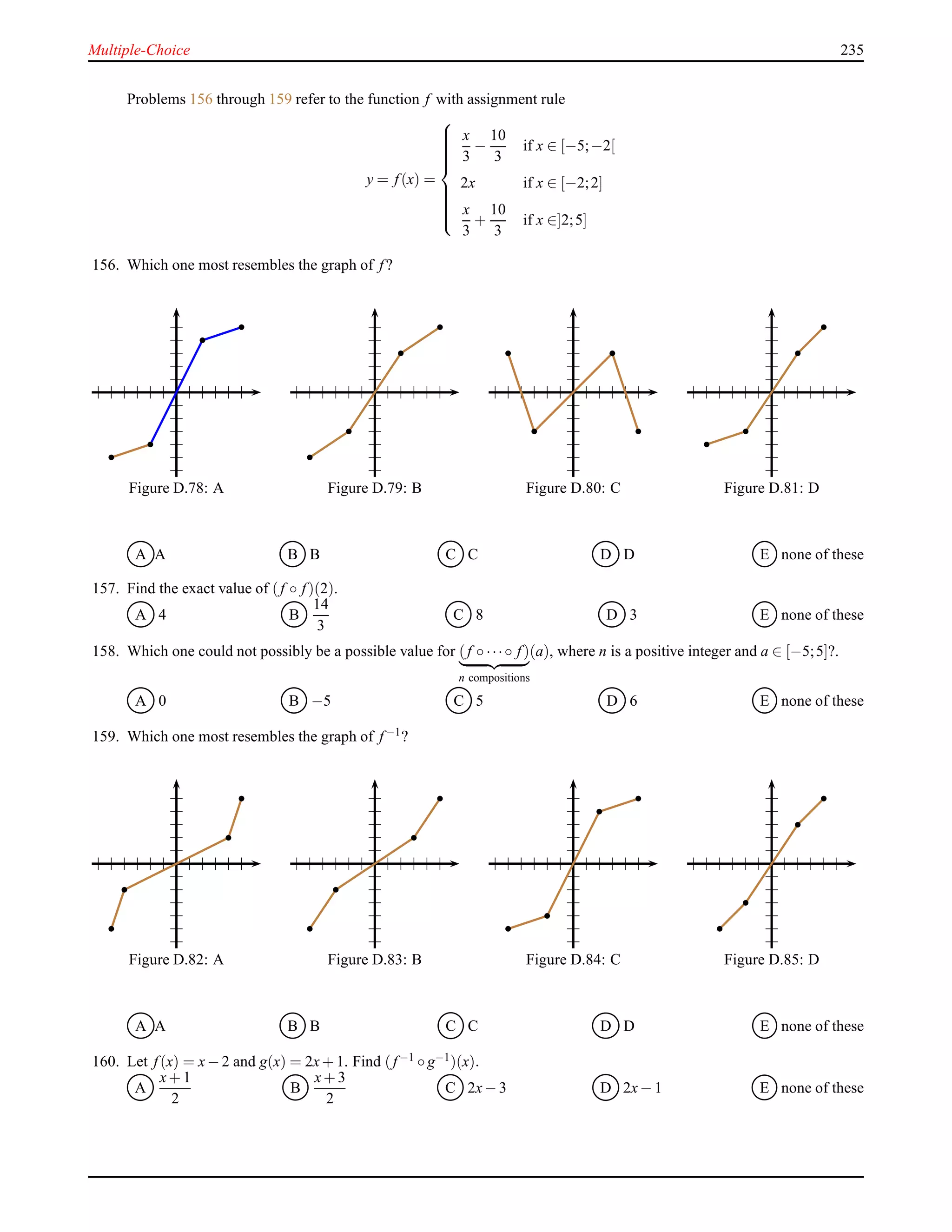 Multiple-Choice 235
Problems 156 through 159 refer to the function f with assignment rule
y = f(x) =



x
3
−
10
3
if x ∈ [−5;−2[
2x if x ∈ [−2;2]
x
3
+
10
3
if x ∈]2;5]
156. Which one most resembles the graph of f?
Figure D.78: A Figure D.79: B Figure D.80: C Figure D.81: D
A A B B C C D D E none of these
157. Find the exact value of (f ◦ f)(2).
A 4 B
14
3
C 8 D 3 E none of these
158. Which one could not possibly be a possible value for (f ◦ ···◦ f)
n compositions
(a), where n is a positive integer and a ∈ [−5;5]?.
A 0 B −5 C 5 D 6 E none of these
159. Which one most resembles the graph of f−1?
Figure D.82: A Figure D.83: B Figure D.84: C Figure D.85: D
A A B B C C D D E none of these
160. Let f(x) = x− 2 and g(x) = 2x+ 1. Find (f−1 ◦ g−1)(x).
A
x+ 1
2
B
x+ 3
2
C 2x− 3 D 2x− 1 E none of these
 
