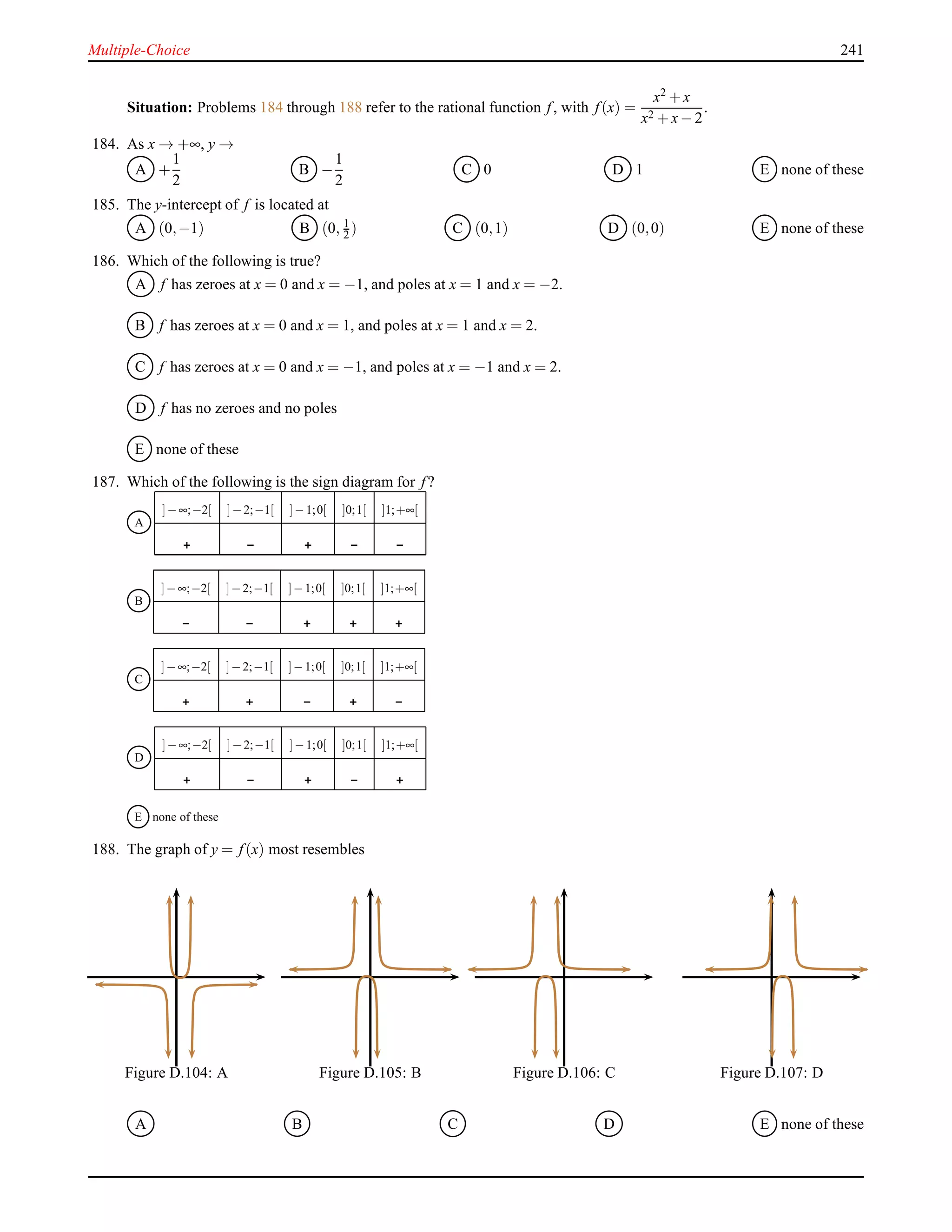 Multiple-Choice 241
Situation: Problems 184 through 188 refer to the rational function f, with f(x) =
x2 + x
x2 + x− 2
.
184. As x → +∞, y →
A +
1
2
B −
1
2
C 0 D 1 E none of these
185. The y-intercept of f is located at
A (0,−1) B (0, 1
2 ) C (0,1) D (0,0) E none of these
186. Which of the following is true?
A f has zeroes at x = 0 and x = −1, and poles at x = 1 and x = −2.
B f has zeroes at x = 0 and x = 1, and poles at x = 1 and x = 2.
C f has zeroes at x = 0 and x = −1, and poles at x = −1 and x = 2.
D f has no zeroes and no poles
E none of these
187. Which of the following is the sign diagram for f?
A
]−∞;−2[ ]−2;−1[ ]−1;0[ ]0;1[ ]1;+∞[
B
]−∞;−2[ ]−2;−1[ ]−1;0[ ]0;1[ ]1;+∞[
C
]−∞;−2[ ]−2;−1[ ]−1;0[ ]0;1[ ]1;+∞[
D
]−∞;−2[ ]−2;−1[ ]−1;0[ ]0;1[ ]1;+∞[
E none of these
188. The graph of y = f(x) most resembles
Figure D.104: A Figure D.105: B Figure D.106: C Figure D.107: D
A B C D E none of these
 