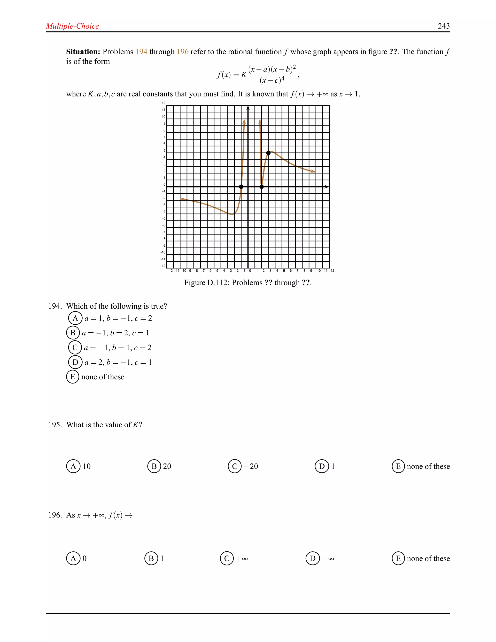 Multiple-Choice 243
Situation: Problems 194 through 196 refer to the rational function f whose graph appears in ﬁgure ??. The function f
is of the form
f(x) = K
(x− a)(x− b)2
(x− c)4
,
where K,a,b,c are real constants that you must ﬁnd. It is known that f(x) → +∞ as x → 1.
-12 -11 -10 -9 -8 -7 -6 -5 -4 -3 -2 -1 0 1 2 3 4 5 6 7 8 9 10 11 12
-12
-11
-10
-9
-8
-7
-6
-5
-4
-3
-2
-1
0
1
2
3
4
5
6
7
8
9
10
11
12
Figure D.112: Problems ?? through ??.
194. Which of the following is true?
A a = 1, b = −1, c = 2
B a = −1, b = 2, c = 1
C a = −1, b = 1, c = 2
D a = 2, b = −1, c = 1
E none of these
195. What is the value of K?
A 10 B 20 C −20 D 1 E none of these
196. As x → +∞, f(x) →
A 0 B 1 C +∞ D −∞ E none of these
 