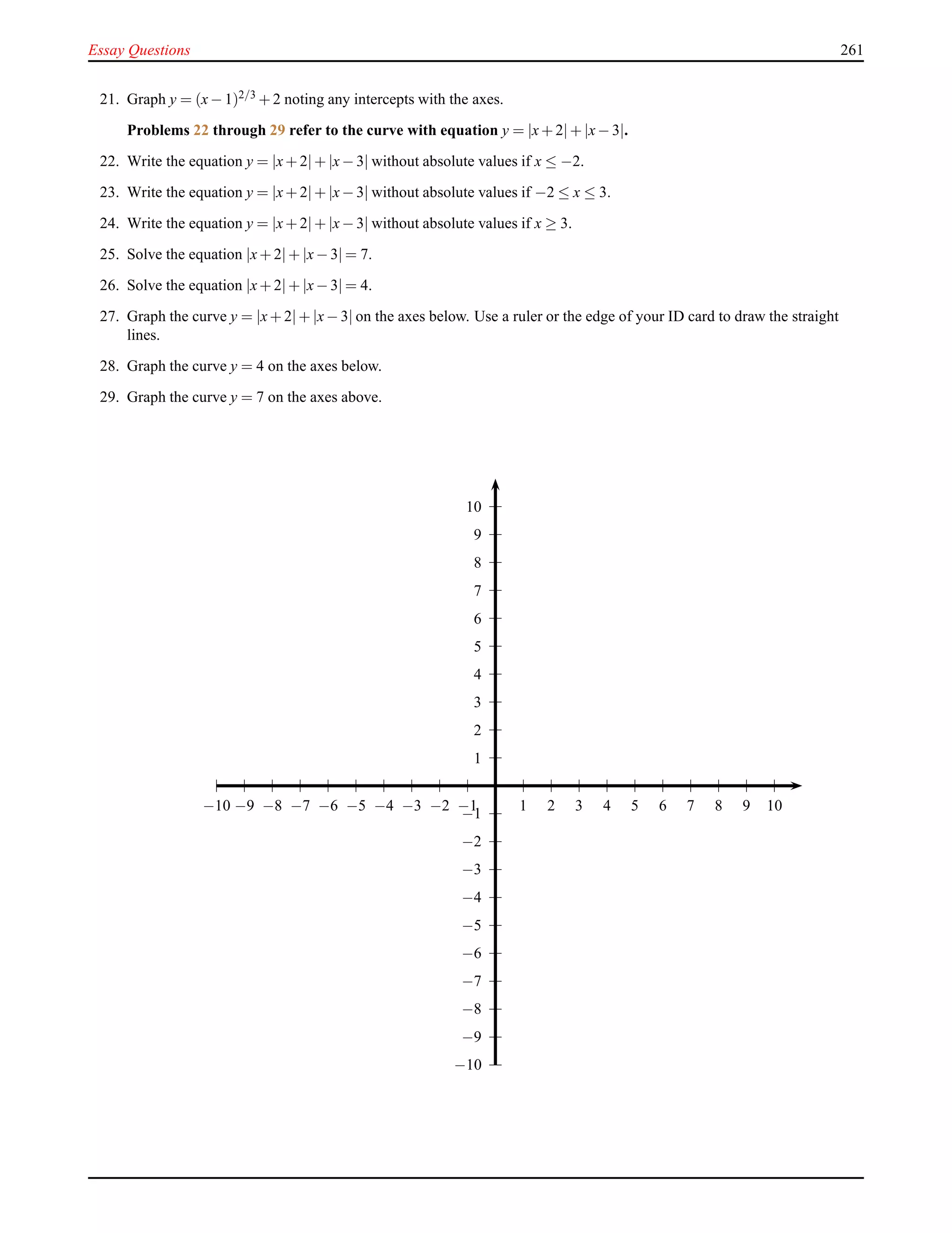 Essay Questions 261
21. Graph y = (x− 1)2/3 + 2 noting any intercepts with the axes.
Problems 22 through 29 refer to the curve with equation y = |x+ 2|+ |x− 3|.
22. Write the equation y = |x+ 2|+ |x− 3| without absolute values if x ≤ −2.
23. Write the equation y = |x+ 2|+ |x− 3| without absolute values if −2 ≤ x ≤ 3.
24. Write the equation y = |x+ 2|+ |x− 3| without absolute values if x ≥ 3.
25. Solve the equation |x+ 2|+ |x− 3| = 7.
26. Solve the equation |x+ 2|+ |x− 3| = 4.
27. Graph the curve y = |x+ 2|+ |x− 3| on the axes below. Use a ruler or the edge of your ID card to draw the straight
lines.
28. Graph the curve y = 4 on the axes below.
29. Graph the curve y = 7 on the axes above.
1
2
3
4
5
6
7
8
9
10
−1
−2
−3
−4
−5
−6
−7
−8
−9
−10
1 2 3 4 5 6 7 8 9 10−1−2−3−4−5−6−7−8−9−10
 