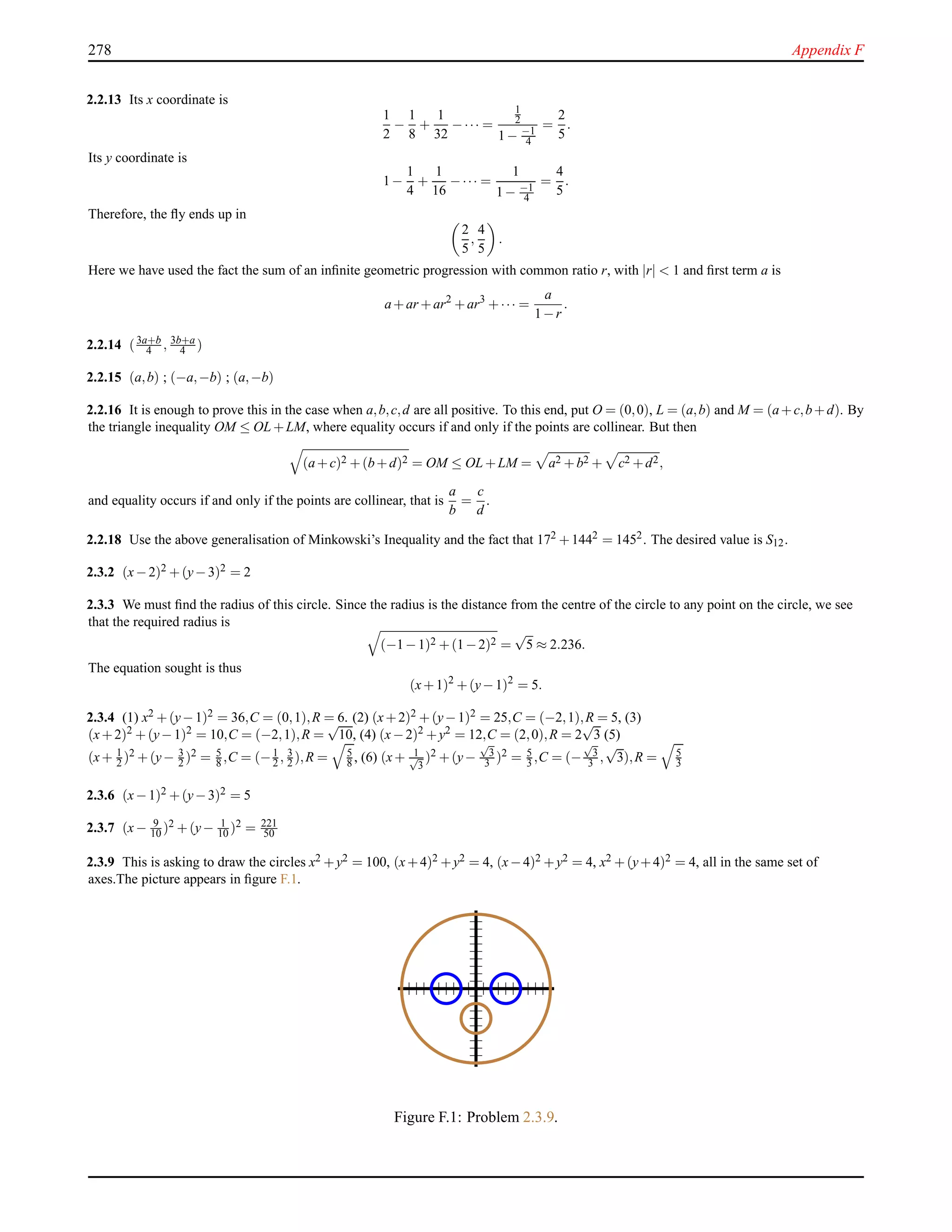 278 Appendix F
2.2.13 Its x coordinate is
1
2
−
1
8
+
1
32
−··· =
1
2
1− −1
4
=
2
5
.
Its y coordinate is
1−
1
4
+
1
16
−··· =
1
1− −1
4
=
4
5
.
Therefore, the ﬂy ends up in
2
5
,
4
5
.
Here we have used the fact the sum of an inﬁnite geometric progression with common ratio r, with |r| < 1 and ﬁrst term a is
a+ar +ar2
+ar3
+··· =
a
1−r
.
2.2.14 (3a+b
4 , 3b+a
4 )
2.2.15 (a,b) ; (−a,−b) ; (a,−b)
2.2.16 It is enough to prove this in the case when a,b,c,d are all positive. To this end, put O = (0,0), L = (a,b) and M = (a+c,b+d). By
the triangle inequality OM ≤ OL +LM, where equality occurs if and only if the points are collinear. But then
(a+c)2 +(b+d)2 = OM ≤ OL +LM = a2 +b2 + c2 +d2,
and equality occurs if and only if the points are collinear, that is
a
b
=
c
d
.
2.2.18 Use the above generalisation of Minkowski’s Inequality and the fact that 172 +1442 = 1452. The desired value is S12.
2.3.2 (x−2)2 +(y−3)2 = 2
2.3.3 We must ﬁnd the radius of this circle. Since the radius is the distance from the centre of the circle to any point on the circle, we see
that the required radius is
(−1−1)2 +(1−2)2 =
√
5 ≈ 2.236.
The equation sought is thus
(x+1)2
+(y−1)2
= 5.
2.3.4 (1) x2 +(y−1)2 = 36,C = (0,1),R = 6. (2) (x+2)2 +(y−1)2 = 25,C = (−2,1),R = 5, (3)
(x+2)2 +(y−1)2 = 10,C = (−2,1),R =
√
10, (4) (x−2)2 +y2 = 12,C = (2,0),R = 2
√
3 (5)
(x+ 1
2 )2 +(y− 3
2 )2 = 5
8 ,C = (−1
2 , 3
2 ),R = 5
8 , (6) (x+ 1√
3
)2 +(y−
√
3
3 )2 = 5
3 ,C = (−
√
3
3 ,
√
3),R = 5
3
2.3.6 (x−1)2 +(y−3)2 = 5
2.3.7 (x− 9
10 )2 +(y− 1
10 )2 = 221
50
2.3.9 This is asking to draw the circles x2 +y2 = 100, (x+4)2 +y2 = 4, (x−4)2 +y2 = 4, x2 +(y+4)2 = 4, all in the same set of
axes.The picture appears in ﬁgure F.1.
Figure F.1: Problem 2.3.9.
 