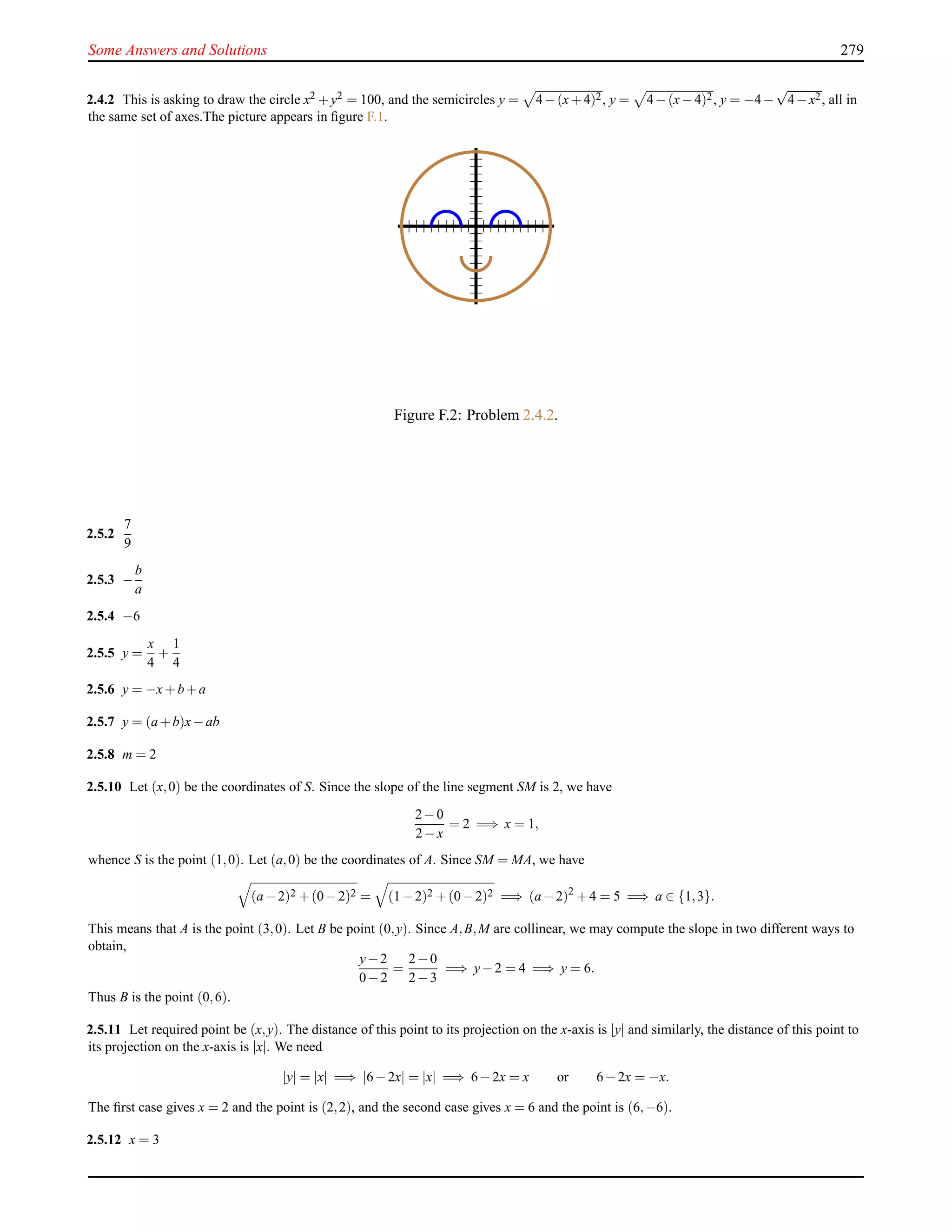 Some Answers and Solutions 279
2.4.2 This is asking to draw the circle x2 +y2 = 100, and the semicircles y = 4−(x+4)2, y = 4−(x−4)2, y = −4−
√
4−x2, all in
the same set of axes.The picture appears in ﬁgure F.1.
Figure F.2: Problem 2.4.2.
2.5.2
7
9
2.5.3 −
b
a
2.5.4 −6
2.5.5 y =
x
4
+
1
4
2.5.6 y = −x+b+a
2.5.7 y = (a+b)x−ab
2.5.8 m = 2
2.5.10 Let (x,0) be the coordinates of S. Since the slope of the line segment SM is 2, we have
2−0
2−x
= 2 =⇒ x = 1,
whence S is the point (1,0). Let (a,0) be the coordinates of A. Since SM = MA, we have
(a−2)2 +(0−2)2 = (1−2)2 +(0−2)2 =⇒ (a−2)2
+4 = 5 =⇒ a ∈ {1,3}.
This means that A is the point (3,0). Let B be point (0,y). Since A,B,M are collinear, we may compute the slope in two different ways to
obtain,
y−2
0−2
=
2−0
2−3
=⇒ y−2 = 4 =⇒ y = 6.
Thus B is the point (0,6).
2.5.11 Let required point be (x,y). The distance of this point to its projection on the x-axis is |y| and similarly, the distance of this point to
its projection on the x-axis is |x|. We need
|y| = |x| =⇒ |6−2x| = |x| =⇒ 6−2x = x or 6−2x = −x.
The ﬁrst case gives x = 2 and the point is (2,2), and the second case gives x = 6 and the point is (6,−6).
2.5.12 x = 3
 