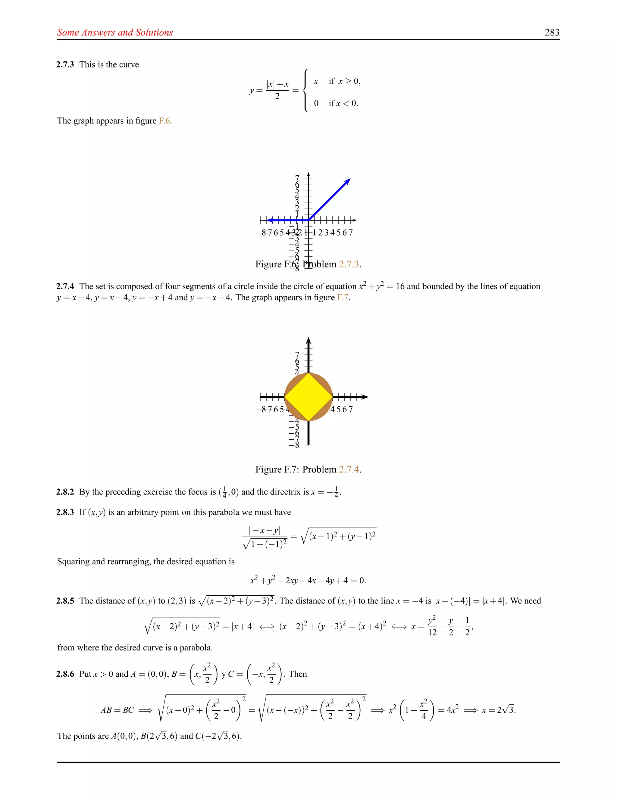 Some Answers and Solutions 283
2.7.3 This is the curve
y =
|x|+x
2
=



x if x ≥ 0,
0 if x < 0.
The graph appears in ﬁgure F.6.
1
2
3
4
5
6
7
−1
−2
−3
−4
−5
−6
−7
−8
1 2 3 4 5 6 7−1−2−3−4−5−6−7−8
Figure F.6: Problem 2.7.3.
2.7.4 The set is composed of four segments of a circle inside the circle of equation x2 +y2 = 16 and bounded by the lines of equation
y = x+4, y = x−4, y = −x+4 and y = −x−4. The graph appears in ﬁgure F.7.
1
2
3
4
5
6
7
−1
−2
−3
−4
−5
−6
−7
−8
1 2 3 4 5 6 7−1−2−3−4−5−6−7−8
Figure F.7: Problem 2.7.4.
2.8.2 By the preceding exercise the focus is (1
4 ,0) and the directrix is x = −1
4 .
2.8.3 If (x,y) is an arbitrary point on this parabola we must have
|−x−y|
1+(−1)2
= (x−1)2 +(y−1)2
Squaring and rearranging, the desired equation is
x2
+y2
−2xy−4x−4y+4 = 0.
2.8.5 The distance of (x,y) to (2,3) is (x−2)2 +(y−3)2. The distance of (x,y) to the line x = −4 is |x−(−4)| = |x+4|. We need
(x−2)2 +(y−3)2 = |x+4| ⇐⇒ (x−2)2
+(y−3)2
= (x+4)2
⇐⇒ x =
y2
12
−
y
2
−
1
2
,
from where the desired curve is a parabola.
2.8.6 Put x > 0 and A = (0,0), B = x,
x2
2
y C = −x,
x2
2
. Then
AB = BC =⇒ (x−0)2 +
x2
2
−0
2
= (x−(−x))2 +
x2
2
−
x2
2
2
=⇒ x2
1+
x2
4
= 4x2
=⇒ x = 2
√
3.
The points are A(0,0), B(2
√
3,6) and C(−2
√
3,6).
 
