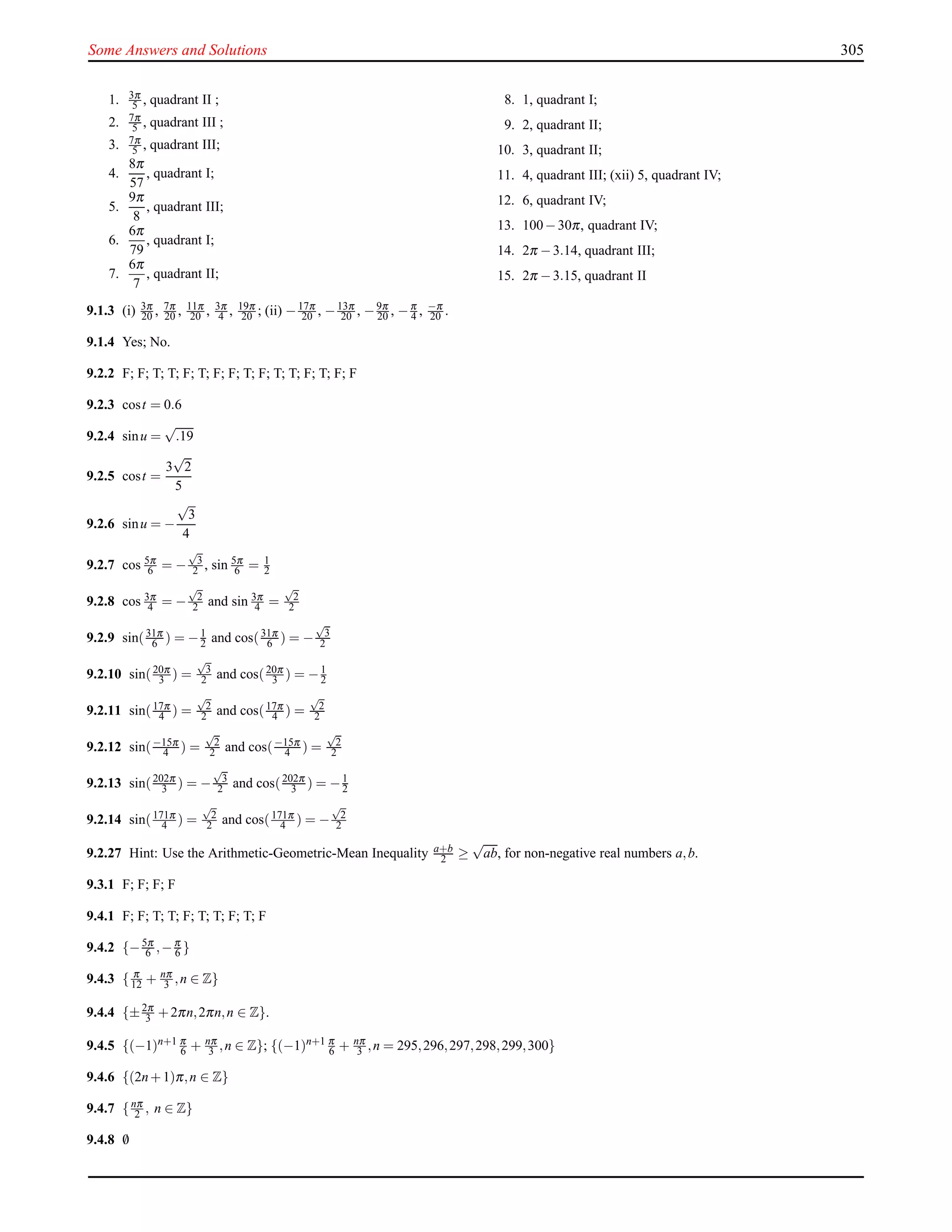 Some Answers and Solutions 305
1. 3π
5 , quadrant II ;
2. 7π
5 , quadrant III ;
3. 7π
5 , quadrant III;
4.
8π
57
, quadrant I;
5.
9π
8
, quadrant III;
6.
6π
79
, quadrant I;
7.
6π
7
, quadrant II;
8. 1, quadrant I;
9. 2, quadrant II;
10. 3, quadrant II;
11. 4, quadrant III; (xii) 5, quadrant IV;
12. 6, quadrant IV;
13. 100−30π, quadrant IV;
14. 2π −3.14, quadrant III;
15. 2π −3.15, quadrant II
9.1.3 (i) 3π
20 , 7π
20 , 11π
20 , 3π
4 , 19π
20 ; (ii) −17π
20 , −13π
20 , −9π
20 , −π
4 , −π
20 .
9.1.4 Yes; No.
9.2.2 F; F; T; T; F; T; F; F; T; F; T; T; F; T; F; F
9.2.3 cost = 0.6
9.2.4 sinu =
√
.19
9.2.5 cost =
3
√
2
5
9.2.6 sinu = −
√
3
4
9.2.7 cos 5π
6 = −
√
3
2 , sin 5π
6 = 1
2
9.2.8 cos 3π
4 = −
√
2
2 and sin 3π
4 =
√
2
2
9.2.9 sin(31π
6 ) = −1
2 and cos(31π
6 ) = −
√
3
2
9.2.10 sin(20π
3 ) =
√
3
2 and cos(20π
3 ) = −1
2
9.2.11 sin(17π
4 ) =
√
2
2 and cos(17π
4 ) =
√
2
2
9.2.12 sin(−15π
4 ) =
√
2
2 and cos(−15π
4 ) =
√
2
2
9.2.13 sin(202π
3 ) = −
√
3
2 and cos(202π
3 ) = −1
2
9.2.14 sin(171π
4 ) =
√
2
2 and cos(171π
4 ) = −
√
2
2
9.2.27 Hint: Use the Arithmetic-Geometric-Mean Inequality a+b
2 ≥
√
ab, for non-negative real numbers a,b.
9.3.1 F; F; F; F
9.4.1 F; F; T; T; F; T; T; F; T; F
9.4.2 {−5π
6 ,−π
6 }
9.4.3 { π
12 + nπ
3 ,n ∈ Z}
9.4.4 {±2π
3 +2πn,2πn,n ∈ Z}.
9.4.5 {(−1)n+1 π
6 + nπ
3 ,n ∈ Z}; {(−1)n+1 π
6 + nπ
3 ,n = 295,296,297,298,299,300}
9.4.6 {(2n+1)π,n ∈ Z}
9.4.7 {nπ
2 , n ∈ Z}
9.4.8 /0
 