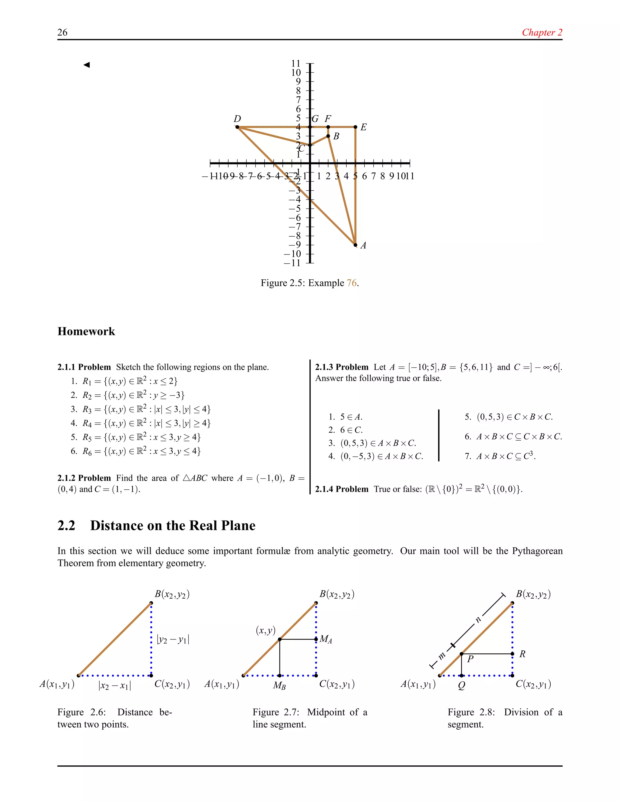 26 Chapter 2
◭
1
2
3
4
5
6
7
8
9
10
11
−1
−2
−3
−4
−5
−6
−7
−8
−9
−10
−11
1 2 3 4 5 6 7 8 9 1011−1−2−3−4−5−6−7−8−9−10−11
D
C
B
A
E
FG
Figure 2.5: Example 76.
Homework
2.1.1 Problem Sketch the following regions on the plane.
1. R1 = {(x,y) ∈ R2 : x ≤ 2}
2. R2 = {(x,y) ∈ R2 : y ≥ −3}
3. R3 = {(x,y) ∈ R2 : |x| ≤ 3,|y| ≤ 4}
4. R4 = {(x,y) ∈ R2 : |x| ≤ 3,|y| ≥ 4}
5. R5 = {(x,y) ∈ R2 : x ≤ 3,y ≥ 4}
6. R6 = {(x,y) ∈ R2 : x ≤ 3,y ≤ 4}
2.1.2 Problem Find the area of △ABC where A = (−1,0), B =
(0,4) and C = (1,−1).
2.1.3 Problem Let A = [−10;5],B = {5,6,11} and C =] − ∞;6[.
Answer the following true or false.
1. 5 ∈ A.
2. 6 ∈ C.
3. (0,5,3) ∈ A×B×C.
4. (0,−5,3) ∈ A×B×C.
5. (0,5,3) ∈ C ×B×C.
6. A×B×C ⊆ C ×B×C.
7. A×B×C ⊆ C3.
2.1.4 Problem True or false: (R{0})2 = R2 {(0,0)}.
2.2 Distance on the Real Plane
In this section we will deduce some important formulæ from analytic geometry. Our main tool will be the Pythagorean
Theorem from elementary geometry.
B(x2,y2)
A(x1,y1) C(x2,y1)|x2 − x1|
|y2 − y1|
Figure 2.6: Distance be-
tween two points.
B(x2,y2)
A(x1,y1) C(x2,y1)
MA
MB
(x,y)
Figure 2.7: Midpoint of a
line segment.
B(x2,y2)
A(x1,y1) C(x2,y1)
Pm
n
Q
R
Figure 2.8: Division of a
segment.
 