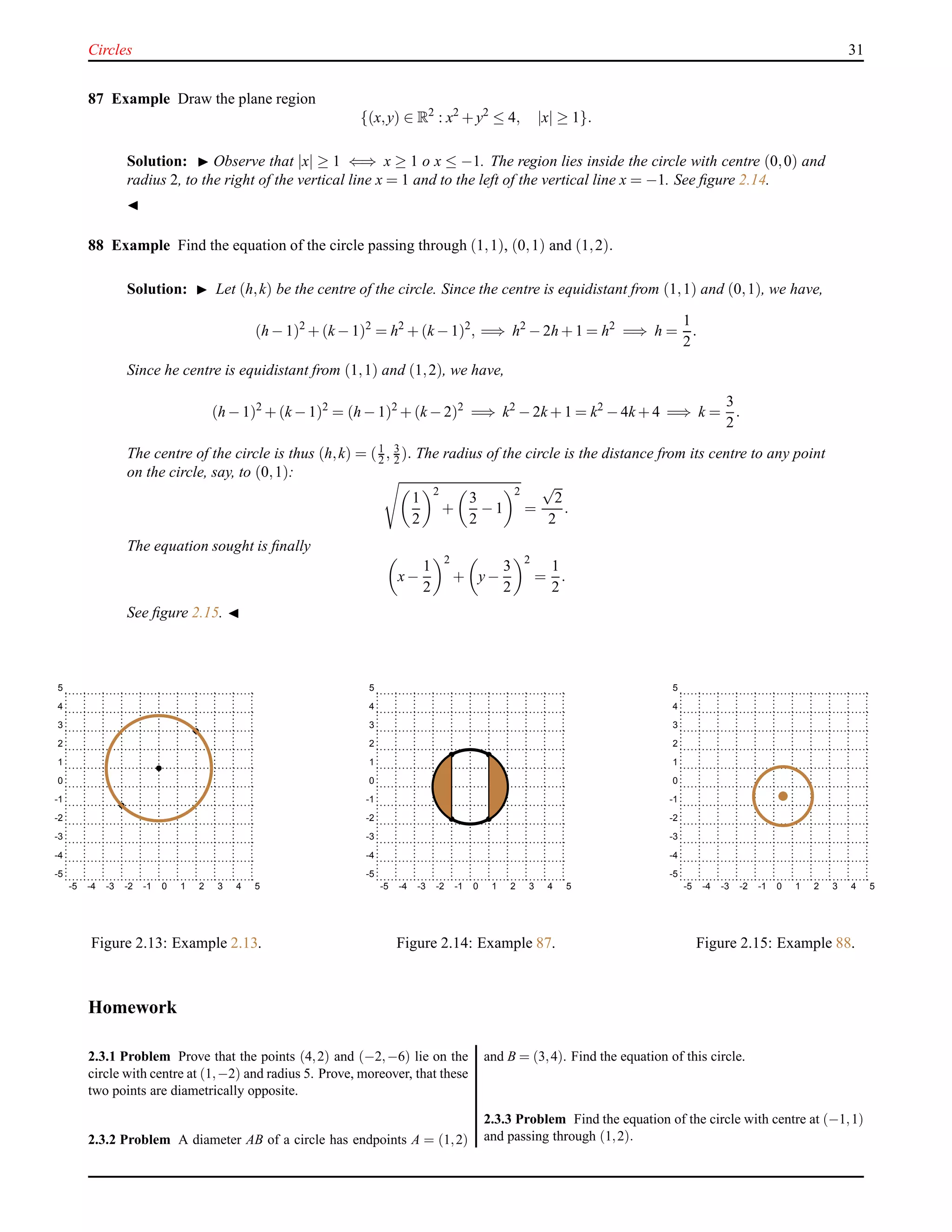 Circles 31
87 Example Draw the plane region
{(x,y) ∈ R2
: x2
+ y2
≤ 4, |x| ≥ 1}.
Solution: ◮ Observe that |x| ≥ 1 ⇐⇒ x ≥ 1 o x ≤ −1. The region lies inside the circle with centre (0,0) and
radius 2, to the right of the vertical line x = 1 and to the left of the vertical line x = −1. See ﬁgure 2.14.
◭
88 Example Find the equation of the circle passing through (1,1), (0,1) and (1,2).
Solution: ◮ Let (h,k) be the centre of the circle. Since the centre is equidistant from (1,1) and (0,1), we have,
(h − 1)2
+ (k − 1)2
= h2
+ (k − 1)2
, =⇒ h2
− 2h + 1 = h2
=⇒ h =
1
2
.
Since he centre is equidistant from (1,1) and (1,2), we have,
(h − 1)2
+ (k − 1)2
= (h − 1)2
+ (k − 2)2
=⇒ k2
− 2k + 1 = k2
− 4k + 4 =⇒ k =
3
2
.
The centre of the circle is thus (h,k) = (1
2 , 3
2 ). The radius of the circle is the distance from its centre to any point
on the circle, say, to (0,1):
1
2
2
+
3
2
− 1
2
=
√
2
2
.
The equation sought is ﬁnally
x−
1
2
2
+ y−
3
2
2
=
1
2
.
See ﬁgure 2.15. ◭
-5 -4 -3 -2 -1 0 1 2 3 4 5
-5
-4
-3
-2
-1
0
1
2
3
4
5
Figure 2.13: Example 2.13.
-5 -4 -3 -2 -1 0 1 2 3 4 5
-5
-4
-3
-2
-1
0
1
2
3
4
5
Figure 2.14: Example 87.
-5 -4 -3 -2 -1 0 1 2 3 4 5
-5
-4
-3
-2
-1
0
1
2
3
4
5
Figure 2.15: Example 88.
Homework
2.3.1 Problem Prove that the points (4,2) and (−2,−6) lie on the
circle with centre at (1,−2) and radius 5. Prove, moreover, that these
two points are diametrically opposite.
2.3.2 Problem A diameter AB of a circle has endpoints A = (1,2)
and B = (3,4). Find the equation of this circle.
2.3.3 Problem Find the equation of the circle with centre at (−1,1)
and passing through (1,2).
 