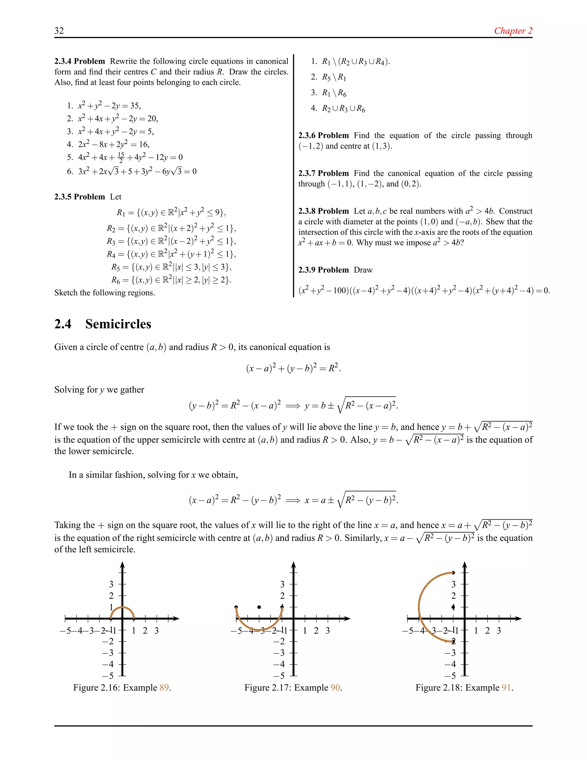 32 Chapter 2
2.3.4 Problem Rewrite the following circle equations in canonical
form and ﬁnd their centres C and their radius R. Draw the circles.
Also, ﬁnd at least four points belonging to each circle.
1. x2 +y2 −2y = 35,
2. x2 +4x+y2 −2y = 20,
3. x2 +4x+y2 −2y = 5,
4. 2x2 −8x+2y2 = 16,
5. 4x2 +4x+ 15
2 +4y2 −12y = 0
6. 3x2 +2x
√
3+5+3y2 −6y
√
3 = 0
2.3.5 Problem Let
R1 = {(x,y) ∈ R2
|x2
+y2
≤ 9},
R2 = {(x,y) ∈ R2
|(x+2)2
+y2
≤ 1},
R3 = {(x,y) ∈ R2
|(x−2)2
+y2
≤ 1},
R4 = {(x,y) ∈ R2
|x2
+(y+1)2
≤ 1},
R5 = {(x,y) ∈ R2
||x| ≤ 3,|y| ≤ 3},
R6 = {(x,y) ∈ R2
||x| ≥ 2,|y| ≥ 2}.
Sketch the following regions.
1. R1 (R2 ∪R3 ∪R4).
2. R5 R1
3. R1 R6
4. R2 ∪R3 ∪R6
2.3.6 Problem Find the equation of the circle passing through
(−1,2) and centre at (1,3).
2.3.7 Problem Find the canonical equation of the circle passing
through (−1,1), (1,−2), and (0,2).
2.3.8 Problem Let a,b,c be real numbers with a2 > 4b. Construct
a circle with diameter at the points (1,0) and (−a,b). Shew that the
intersection of this circle with the x-axis are the roots of the equation
x2 +ax+b = 0. Why must we impose a2 > 4b?
2.3.9 Problem Draw
(x2
+y2
−100)((x−4)2
+y2
−4)((x+4)2
+y2
−4)(x2
+(y+4)2
−4) = 0.
2.4 Semicircles
Given a circle of centre (a,b) and radius R > 0, its canonical equation is
(x− a)2
+ (y− b)2
= R2
.
Solving for y we gather
(y− b)2
= R2
− (x− a)2
=⇒ y = b ± R2 − (x− a)2.
If we took the + sign on the square root, then the values of y will lie above the line y = b, and hence y = b + R2 − (x− a)2
is the equation of the upper semicircle with centre at (a,b) and radius R > 0. Also, y = b − R2 − (x− a)2 is the equation of
the lower semicircle.
In a similar fashion, solving for x we obtain,
(x− a)2
= R2
− (y− b)2
=⇒ x = a ± R2 − (y− b)2.
Taking the + sign on the square root, the values of x will lie to the right of the line x = a, and hence x = a + R2 − (y− b)2
is the equation of the right semicircle with centre at (a,b) and radius R > 0. Similarly, x = a− R2 − (y− b)2 is the equation
of the left semicircle.
1
2
3
−1
−2
−3
−4
−5
1 2 3−1−2−3−4−5
Figure 2.16: Example 89.
1
2
3
−1
−2
−3
−4
−5
1 2 3−1−2−3−4−5
Figure 2.17: Example 90.
1
2
3
−1
−2
−3
−4
−5
1 2 3−1−2−3−4−5
Figure 2.18: Example 91.
 
