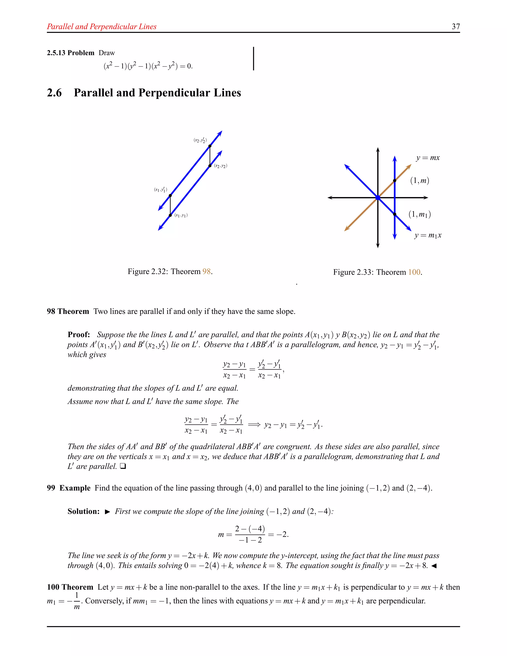 Parallel and Perpendicular Lines 37
2.5.13 Problem Draw
(x2
−1)(y2
−1)(x2
−y2
) = 0.
2.6 Parallel and Perpendicular Lines
(x2,y2)
(x1,y1)
(x2,y′
2)
(x1,y′
1)
Figure 2.32: Theorem 98.
y = mx
y = m1x
•
•
(1,m)
(1,m1)
Figure 2.33: Theorem 100.
.
98 Theorem Two lines are parallel if and only if they have the same slope.
Proof: Suppose the the lines L and L′ are parallel, and that the points A(x1,y1) y B(x2,y2) lie on L and that the
points A′(x1,y′
1) and B′(x2,y′
2) lie on L′. Observe tha t ABB′A′ is a parallelogram, and hence, y2 − y1 = y′
2 − y′
1,
which gives
y2 − y1
x2 − x1
=
y′
2 − y′
1
x2 − x1
,
demonstrating that the slopes of L and L′ are equal.
Assume now that L and L′ have the same slope. The
y2 − y1
x2 − x1
=
y′
2 − y′
1
x2 − x1
=⇒ y2 − y1 = y′
2 − y′
1.
Then the sides of AA′ and BB′ of the quadrilateral ABB′A′ are congruent. As these sides are also parallel, since
they are on the verticals x = x1 and x = x2, we deduce that ABB′A′ is a parallelogram, demonstrating that L and
L′ are parallel. u
99 Example Find the equation of the line passing through (4,0) and parallel to the line joining (−1,2) and (2,−4).
Solution: ◮ First we compute the slope of the line joining (−1,2) and (2,−4):
m =
2 − (−4)
−1 − 2
= −2.
The line we seek is of the form y = −2x+k. We now compute the y-intercept, using the fact that the line must pass
through (4,0). This entails solving 0 = −2(4)+ k, whence k = 8. The equation sought is ﬁnally y = −2x+ 8. ◭
100 Theorem Let y = mx + k be a line non-parallel to the axes. If the line y = m1x + k1 is perpendicular to y = mx + k then
m1 = −
1
m
. Conversely, if mm1 = −1, then the lines with equations y = mx+ k and y = m1x+ k1 are perpendicular.
 
