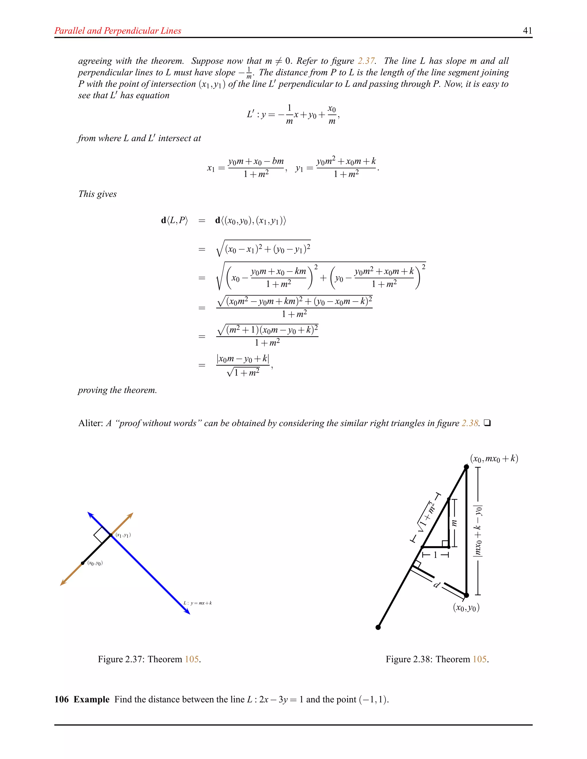 Parallel and Perpendicular Lines 41
agreeing with the theorem. Suppose now that m = 0. Refer to ﬁgure 2.37. The line L has slope m and all
perpendicular lines to L must have slope − 1
m . The distance from P to L is the length of the line segment joining
P with the point of intersection (x1,y1) of the line L′ perpendicular to L and passing through P. Now, it is easy to
see that L′ has equation
L′
: y = −
1
m
x+ y0 +
x0
m
,
from where L and L′ intersect at
x1 =
y0m+ x0 − bm
1 + m2
, y1 =
y0m2 + x0m+ k
1 + m2
.
This gives
d L,P = d (x0,y0),(x1,y1)
= (x0 − x1)2 + (y0 − y1)2
= x0 −
y0m+ x0 − km
1 + m2
2
+ y0 −
y0m2 + x0m+ k
1 + m2
2
=
(x0m2 − y0m+ km)2 + (y0 − x0m− k)2
1 + m2
=
(m2 + 1)(x0m− y0 + k)2
1 + m2
=
|x0m− y0 + k|
√
1 + m2
,
proving the theorem.
Aliter: A “proof without words” can be obtained by considering the similar right triangles in ﬁgure 2.38. u
(x1,y1)
L : y = mx+k
(x0,y0)
Figure 2.37: Theorem 105.
(x0,y0)
(x0,mx0 + k)
|mx0+k−y0|
d
√
1+m2
1
m
Figure 2.38: Theorem 105.
106 Example Find the distance between the line L : 2x− 3y = 1 and the point (−1,1).
 