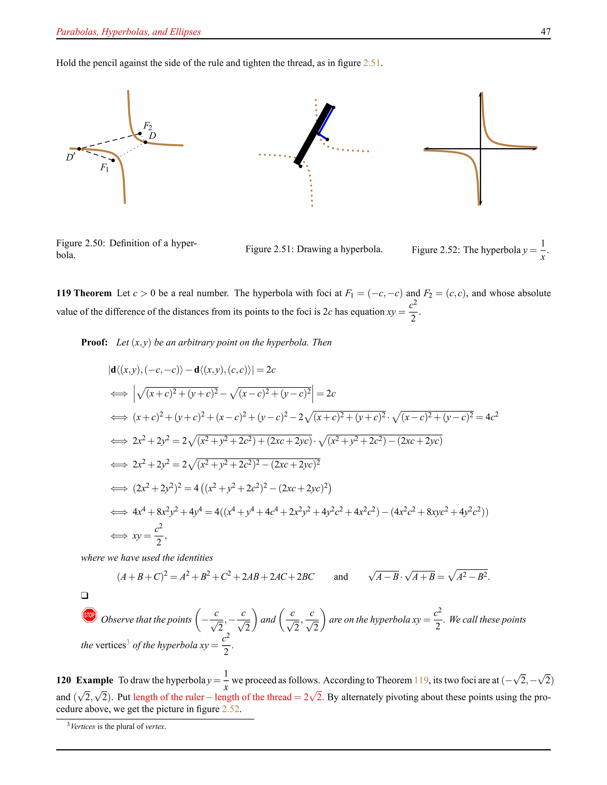 Parabolas, Hyperbolas, and Ellipses 47
Hold the pencil against the side of the rule and tighten the thread, as in ﬁgure 2.51.
F1
F2
D
D′
Figure 2.50: Deﬁnition of a hyper-
bola.
Figure 2.51: Drawing a hyperbola. Figure 2.52: The hyperbola y =
1
x
.
119 Theorem Let c > 0 be a real number. The hyperbola with foci at F1 = (−c,−c) and F2 = (c,c), and whose absolute
value of the difference of the distances from its points to the foci is 2c has equation xy =
c2
2
.
Proof: Let (x,y) be an arbitrary point on the hyperbola. Then
|d (x,y),(−c,−c) − d (x,y),(c,c) | = 2c
⇐⇒ (x+ c)2 + (y+ c)2 − (x− c)2 + (y− c)2 = 2c
⇐⇒ (x+ c)2 + (y+ c)2 + (x− c)2 + (y− c)2 − 2 (x+ c)2 + (y+ c)2 · (x− c)2 + (y− c)2 = 4c2
⇐⇒ 2x2 + 2y2 = 2 (x2 + y2 + 2c2)+ (2xc+ 2yc)· (x2 + y2 + 2c2)− (2xc+ 2yc)
⇐⇒ 2x2 + 2y2 = 2 (x2 + y2 + 2c2)2 − (2xc+ 2yc)2
⇐⇒ (2x2 + 2y2)2 = 4 (x2 + y2 + 2c2)2 − (2xc+ 2yc)2
⇐⇒ 4x4 + 8x2y2 + 4y4 = 4((x4 + y4 + 4c4 + 2x2y2 + 4y2c2 + 4x2c2)− (4x2c2 + 8xyc2 + 4y2c2))
⇐⇒ xy =
c2
2
,
where we have used the identities
(A+ B+C)2
= A2
+ B2
+C2
+ 2AB+ 2AC+ 2BC and
√
A− B·
√
A+ B = A2 − B2.
u
!Observe that the points −
c
√
2
,−
c
√
2
and
c
√
2
,
c
√
2
are on the hyperbola xy =
c2
2
. We call these points
the vertices3
of the hyperbola xy =
c2
2
.
120 Example To draw the hyperbolay =
1
x
we proceed as follows. According to Theorem 119, its two foci are at (−
√
2,−
√
2)
and (
√
2,
√
2). Put length of the ruler− length of the thread = 2
√
2. By alternately pivoting about these points using the pro-
cedure above, we get the picture in ﬁgure 2.52.
3
Vertices is the plural of vertex.
 