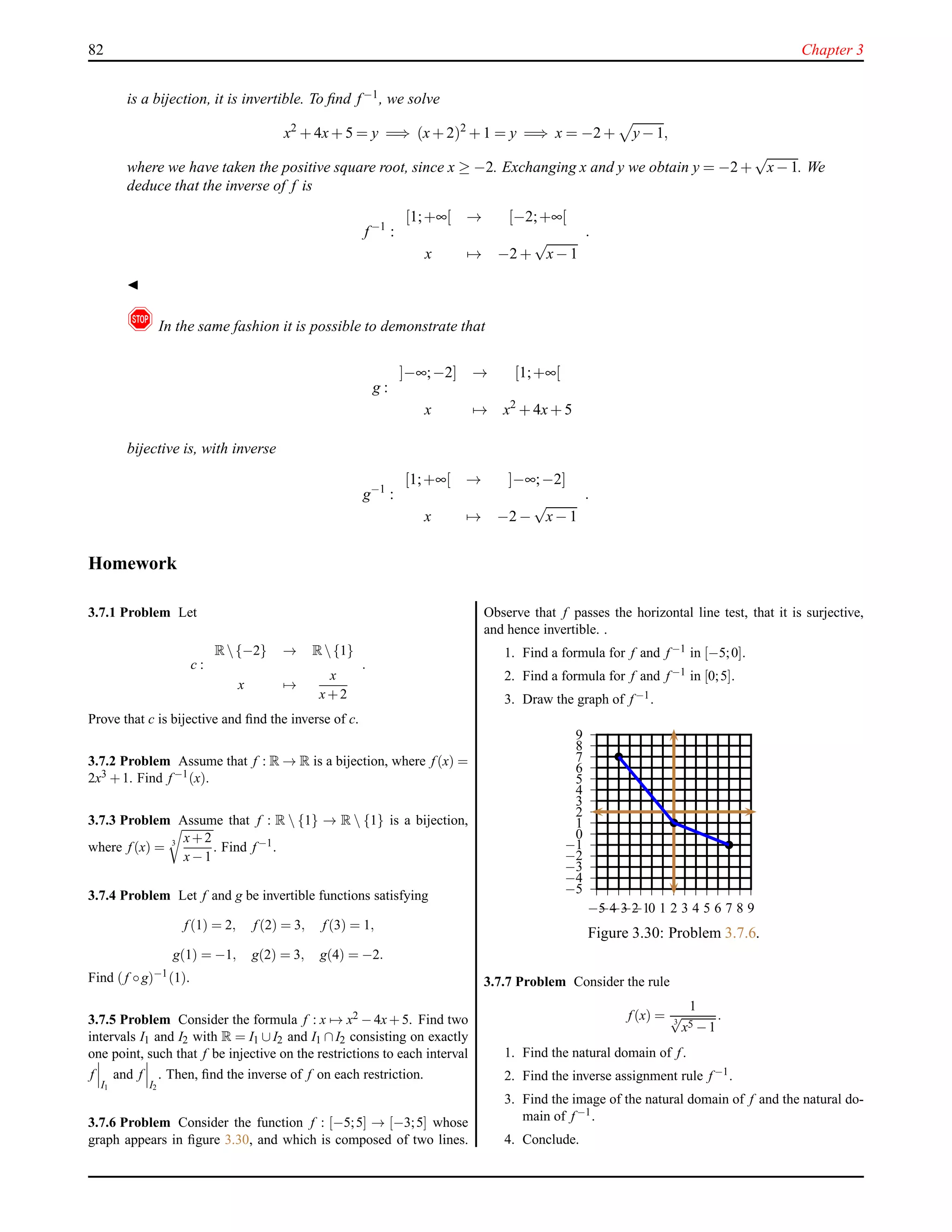 82 Chapter 3
is a bijection, it is invertible. To ﬁnd f−1, we solve
x2
+ 4x+ 5 = y =⇒ (x+ 2)2
+ 1 = y =⇒ x = −2 + y− 1,
where we have taken the positive square root, since x ≥ −2. Exchanging x and y we obtain y = −2+
√
x− 1. We
deduce that the inverse of f is
f−1
:
[1;+∞[ → [−2;+∞[
x → −2 +
√
x− 1
.
◭
! In the same fashion it is possible to demonstrate that
g :
]−∞;−2] → [1;+∞[
x → x2
+ 4x+ 5
bijective is, with inverse
g−1
:
[1;+∞[ → ]−∞;−2]
x → −2 −
√
x− 1
.
Homework
3.7.1 Problem Let
c :
R{−2} → R{1}
x →
x
x+2
.
Prove that c is bijective and ﬁnd the inverse of c.
3.7.2 Problem Assume that f : R → R is a bijection, where f (x) =
2x3 +1. Find f −1(x).
3.7.3 Problem Assume that f : R  {1} → R  {1} is a bijection,
where f (x) = 3 x+2
x−1
. Find f −1.
3.7.4 Problem Let f and g be invertible functions satisfying
f (1) = 2, f (2) = 3, f (3) = 1,
g(1) = −1, g(2) = 3, g(4) = −2.
Find (f ◦g)−1(1).
3.7.5 Problem Consider the formula f : x → x2 −4x+5. Find two
intervals I1 and I2 with R = I1 ∪ I2 and I1 ∩ I2 consisting on exactly
one point, such that f be injective on the restrictions to each interval
f
I1
and f
I2
. Then, ﬁnd the inverse of f on each restriction.
3.7.6 Problem Consider the function f : [−5;5] → [−3;5] whose
graph appears in ﬁgure 3.30, and which is composed of two lines.
Observe that f passes the horizontal line test, that it is surjective,
and hence invertible. .
1. Find a formula for f and f −1 in [−5;0].
2. Find a formula for f and f −1 in [0;5].
3. Draw the graph of f −1.
−5
−4
−3
−2
−1
0
1
2
3
4
5
6
7
8
9
−5−4−3−2−10 1 2 3 4 5 6 7 8 9
Figure 3.30: Problem 3.7.6.
3.7.7 Problem Consider the rule
f (x) =
1
3
√
x5 −1
.
1. Find the natural domain of f .
2. Find the inverse assignment rule f −1.
3. Find the image of the natural domain of f and the natural do-
main of f −1.
4. Conclude.
 