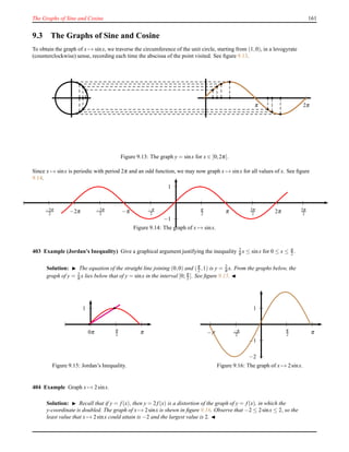 The Graphs of Sine and Cosine 161
9.3 The Graphs of Sine and Cosine
To obtain the graph of x → sinx, we traverse the circumference of the unit circle, starting from (1,0), in a levogyrate
(counterclockwise) sense, recording each time the abscissa of the point visited. See ﬁgure 9.13.
π 2π
Figure 9.13: The graph y = sinx for x ∈ [0;2π[.
Since x → sinx is periodic with period 2π and an odd function, we may now graph x → sinx for all values of x. See ﬁgure
9.14.
1
−1
π
2 π 3π
2 2π 5π
2
−π
2−π−3π
2−2π−5π
2
Figure 9.14: The graph of x → sinx.
403 Example (Jordan’s Inequality) Give a graphical argument justifying the inequality 2
π x ≤ sinx for 0 ≤ x ≤ π
2 .
Solution: ◮ The equation of the straight line joining (0,0) and (π
2 ,1) is y = 2
π x. From the graphs below, the
graph of y = 2
π x lies below that of y = sinx in the interval [0; π
2 ]. See ﬁgure 9.15. ◭
1
0π π
2 π
Figure 9.15: Jordan’s Inequality.
1
−1
−2
π
2 π−π
2−π
Figure 9.16: The graph of x → 2sinx.
404 Example Graph x → 2sinx.
Solution: ◮ Recall that if y = f(x), then y = 2 f(x) is a distortion of the graph of y = f(x), in which the
y-coordinate is doubled. The graph of x → 2sinx is shewn in ﬁgure 9.16. Observe that −2 ≤ 2sinx ≤ 2, so the
least value that x → 2sinx could attain is −2 and the largest value is 2. ◭
 