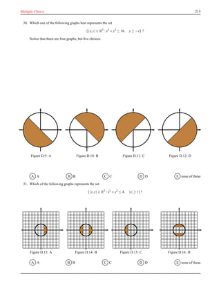 Multiple-Choice 215
30. Which one of the following graphs best represents the set
{(x,y) ∈ R2
: x2
+ y2
≤ 16, y ≥ −x} ?
Notice that there are four graphs, but ﬁve choices.
Figure D.9: A Figure D.10: B Figure D.11: C Figure D.12: D
A A B B C C D D E none of these
31. Which of the following graphs represents the set
{(x,y) ∈ R2
: x2
+ y2
≤ 4, |x| ≥ 1}?
Figure D.13: A Figure D.14: B Figure D.15: C Figure D.16: D
A A B B C C D D E none of these
 