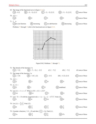 Multiple-Choice 223
69. The image of the functional curve in ﬁgure D.41 is
A [−5;5] B [−5;−3]∪]2;5] C [−5;−3[∪]2;5[ D [−5;−3[∪]2;5[ E none of these
70. f(3) =
A 1 B 2 C 3 D 5 E none of these
71. f is
A an even function B increasing C an odd function D decreasing E none of these
Problems 72 through 72 refer to the functional curve in ﬁgure D.42.
-10 -9 -8 -7 -6 -5 -4 -3 -2 -1 0 1 2 3 4 5 6 7 8 9 10
-10
-9
-8
-7
-6
-5
-4
-3
-2
-1
0
1
2
3
4
5
6
7
8
9
10
Figure D.42: Problems 72 through 72.
72. The domain of the function f is
A [−7;5] B [−7;−2[∪]− 2;5] (C) ]− 7;5[ (D) ]− 7;5] (E) none of these
73. The image of the function f is
A [−3;4] B [−3;4] {2} C [−3;5] (D) [−3;2[∪]2;5] ( E none of these
74. f(2) =
A 2 B 3 C 4 D 5 E none of these
75. f(−2) =
A 2 B 3 C 5 D undeﬁned E none of these
76. Let f(x) = 1 + x+ x2. What is f(0)+ f(1)+ f(2)?
A 10 B 11 C 7 D 3 E none of these
77. Let f : R → R with the assignment rule x → (x− (x− (x− 1)2)2)2. Find f(2).
A 1 B 4 C 16 D 0 E none of these
78. Let f(x) =
x− 1
x+ 1
. Find f(2).
A 0 B
1
3
C
2
3
D
1
2
E none of these
79. Consider a function f : R → R such that f
x
3
= 9x. Find f(x).
A 3x B
x
3
C
x
9
D 27x E none of these
 