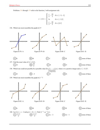 Multiple-Choice 235
Problems 156 through 159 refer to the function f with assignment rule
y = f(x) =



x
3
−
10
3
if x ∈ [−5;−2[
2x if x ∈ [−2;2]
x
3
+
10
3
if x ∈]2;5]
156. Which one most resembles the graph of f?
Figure D.78: A Figure D.79: B Figure D.80: C Figure D.81: D
A A B B C C D D E none of these
157. Find the exact value of (f ◦ f)(2).
A 4 B
14
3
C 8 D 3 E none of these
158. Which one could not possibly be a possible value for (f ◦ ···◦ f)
n compositions
(a), where n is a positive integer and a ∈ [−5;5]?.
A 0 B −5 C 5 D 6 E none of these
159. Which one most resembles the graph of f−1?
Figure D.82: A Figure D.83: B Figure D.84: C Figure D.85: D
A A B B C C D D E none of these
160. Let f(x) = x− 2 and g(x) = 2x+ 1. Find (f−1 ◦ g−1)(x).
A
x+ 1
2
B
x+ 3
2
C 2x− 3 D 2x− 1 E none of these
 