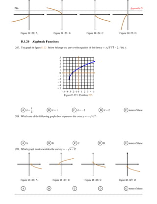 246 Appendix D
Figure D.122: A Figure D.123: B Figure D.124: C Figure D.125: D
D.1.20 Algebraic Functions
207. The graph in ﬁgure D.121 below belongs to a curve with equation of the form y = A
√
x+ 3− 2. Find A.
−5
−4
−3
−2
−1
0
1
2
3
4
5
−5−4−3−2−1 0 1 2 3 4 5
Figure D.121: Problem 207.
A A =
1
2
B A = 1 C A = −2 D A = 2 E none of these
208. Which one of the following graphs best represents the curve y = −
√
−x?
A A B B C C D D E none of these
209. Which graph most resembles the curve y = −
√
x− 1?
Figure D.126: A Figure D.127: B Figure D.128: C Figure D.129: D
A B C D E none of these
 