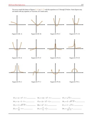 Old Exam Match Questions 257
You are to match the letters of ﬁgures D.168 to D.179 with the equations on 13 through 24 below. Some ﬁgures may
not match with any equation, or viceversa. (0.5 mark each)
Figure D.168: A Figure D.169: B Figure D.170: C Figure D.171: D
Figure D.172: E Figure D.173: F Figure D.174: G Figure D.175: H
Figure D.176: I Figure D.177: J Figure D.178: K Figure D.179: L
13. y = (x− 1)2
− 1 = 14. y = (|x|− 1)2
− 1 = 15. y =
√
−x =
16. y = |x− 1|− 1 = 17.y = |(x− 1)2 − 1| = 18. y = 2 −
√
9 − x2 =
19. y = 1 +
√
4 − x2 = 20.y = |x2 − 1| = 21. y = 1 −
√
−x =
22. y =
1
|x|
− 1 = 23. y =
1
x
− 1 = 24. y =
1
|x|− 1
=
 