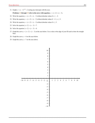 Essay Questions 261
21. Graph y = (x− 1)2/3 + 2 noting any intercepts with the axes.
Problems 22 through 29 refer to the curve with equation y = |x+ 2|+ |x− 3|.
22. Write the equation y = |x+ 2|+ |x− 3| without absolute values if x ≤ −2.
23. Write the equation y = |x+ 2|+ |x− 3| without absolute values if −2 ≤ x ≤ 3.
24. Write the equation y = |x+ 2|+ |x− 3| without absolute values if x ≥ 3.
25. Solve the equation |x+ 2|+ |x− 3| = 7.
26. Solve the equation |x+ 2|+ |x− 3| = 4.
27. Graph the curve y = |x+ 2|+ |x− 3| on the axes below. Use a ruler or the edge of your ID card to draw the straight
lines.
28. Graph the curve y = 4 on the axes below.
29. Graph the curve y = 7 on the axes above.
1
2
3
4
5
6
7
8
9
10
−1
−2
−3
−4
−5
−6
−7
−8
−9
−10
1 2 3 4 5 6 7 8 9 10−1−2−3−4−5−6−7−8−9−10
 