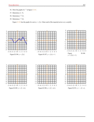 Essay Questions 263
36. Draw the graph of f−1 in ﬁgure D.185.
37. Determine f(−5).
38. Determine f−1(3).
39. Determine f−1(4).
Figure D.186 has the graph of a curve y = f(x). Draw each of the required curves very carefully.
−5
−4
−3
−2
−1
0
1
2
3
4
5
−5−4−3−2−1 0 1 2 3 4 5
Figure D.186: y = f(x).
−5
−4
−3
−2
−1
0
1
2
3
4
5
−5−4−3−2−1 0 1 2 3 4 5
Figure D.187: y = f(x)+ 1.
−5
−4
−3
−2
−1
0
1
2
3
4
5
−5−4−3−2−1 0 1 2 3 4 5
Figure D.188:
y = |f(x)+ 1|.
−5
−4
−3
−2
−1
0
1
2
3
4
5
−5−4−3−2−1 0 1 2 3 4 5
Figure D.189: y = f(−|x|).
−5
−4
−3
−2
−1
0
1
2
3
4
5
−5−4−3−2−1 0 1 2 3 4 5
Figure D.190: y = |f(−|x|)|.
−5
−4
−3
−2
−1
0
1
2
3
4
5
−5−4−3−2−1 0 1 2 3 4 5
Figure D.191: y = − f(−x).
 
