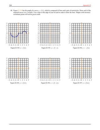 264 Appendix D
40. Figure D.198 has the graph of a curve y = f(x), which is composed of lines and a pair of semicircles. Draw each of the
required curves very carefully. Use a ruler or the edge of your id card in order to draw the lines. Shapes with incorrect
coordinate points will not be given credit.
−5
−4
−3
−2
−1
0
1
2
3
4
5
−5−4−3−2−1 0 1 2 3 4 5
Figure D.192: y = f(x).
−5
−4
−3
−2
−1
0
1
2
3
4
5
−5−4−3−2−1 0 1 2 3 4 5
Figure D.193: y = f(−x).
−5
−4
−3
−2
−1
0
1
2
3
4
5
−5−4−3−2−1 0 1 2 3 4 5
Figure D.194: y = − f(x).
−5
−4
−3
−2
−1
0
1
2
3
4
5
−5−4−3−2−1 0 1 2 3 4 5
Figure D.195: y = |f(x)|.
−5
−4
−3
−2
−1
0
1
2
3
4
5
−5−4−3−2−1 0 1 2 3 4 5
Figure D.196: y = f(−|x|).
−5
−4
−3
−2
−1
0
1
2
3
4
5
−5−4−3−2−1 0 1 2 3 4 5
Figure D.197: y = f(|x|).
 