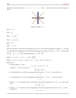 280 Appendix F
2.5.13 This is asking to graph the lines x = −1, x = 1, y = −1, y = 1, y = −x, and y = x, all on the same set of axes. The picture appears in
ﬁgure F.3.
Figure F.3: Problem 2.5.13.
2.6.1 y = 4x−14
2.6.2 y =
b
a
x
2.6.3 y = −
1
4
x+
29
4
2.6.4 y = −
a
b
x+b+
a2
b
2.6.5 y = 3
4 x−9
2.6.6 y = −4
3 x+16
2.6.7 Notice that there is a radius of the circle connecting (0,0) and (1
2 ,
√
3
2 ). The line passing through these two points is y =
√
3x. Hence,
since the tangent line is perpendicular to the radius at the point of tangency, the line sought is of the form y = −
√
3
3
x+k. To ﬁnd k observe
that
√
3
2
= −
3
4
+k =⇒ k =
3
√
3
4
. Finally, the desired line is y = −
√
3
3
x+
3
√
3
4
.
2.6.8 L1 : y = (a+b)x+1−a−b, L2 : y = −
x
a+b
+
a+b+1
a+b
2.6.9 (1) t = 4/3, (2) t = 6/7, (3) t = 1/2, (4) t = 3, (5) t = −7, (6) t = 7/9, (7) t = 7/4, (8) (3,−1)
2.6.10 We have
1. If Lt passes through (−2,3) then
(t −2)(−2)+(t +3)(3)+10t −5 = 0,
from where t = − 8
11 . In this case the line is
−
30
11
x+
25
11
y−
135
11
= 0.
2. Lt will be parallel to the x-axis if the x-term disappears, which necessitates t −2 = 0 or t = 2. In this case the line is
y = −3.
3. Lt will be parallel to the y-axis if the y-term disappears, which necessitates t +3 = 0 or t = −3. In this case the line is
x = −7.
4. The line x−2y−6 = 0 has gradient 1
2 and Lt has gradient 2−t
t+3 . The lines will be parallel when 2−t
t+3 = 1
2 or t = 1/3. In this case the
line is
−
5
3
x+
10
3
y−
5
3
= 0.
5. The line y = −1
4 x−5 has gradient −1
4 and Lt has gradient 2−t
t+3 . The lines will be perpendicular when 2−t
t+3 = 4 or t = −2. In this
case the line is
−4x+y−25 = 0.
 