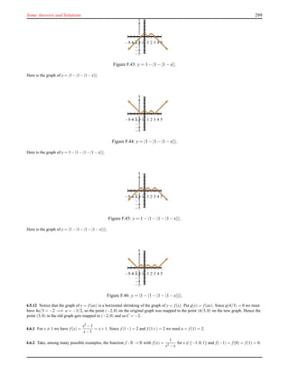 Some Answers and Solutions 299
1
2
3
4
5
−1
−2
−3
−4
−5
1 2 3 4 5−1−2−3−4−5
Figure F.43: y = 1 − |1 − |1 − x||.
Here is the graph of y = |1−|1−|1−x|||.
1
2
3
4
5
−1
−2
−3
−4
−5
1 2 3 4 5−1−2−3−4−5
Figure F.44: y = |1 − |1 − |1 − x|||.
Here is the graph of y = 1−|1−|1−|1−x|||.
1
2
3
4
5
−1
−2
−3
−4
−5
1 2 3 4 5−1−2−3−4−5
Figure F.45: y = 1 − |1 − |1 − |1−x|||.
Here is the graph of y = |1−|1−|1−|1−x||||.
1
2
3
4
5
−1
−2
−3
−4
−5
1 2 3 4 5−1−2−3−4−5
Figure F.46: y = |1 − |1 − |1 − |1−x||||.
4.5.12 Notice that the graph of y = f (ax) is a horizontal shrinking of the graph of y = f (x). Put g(x) = f (ax). Since g(4/3) = 0 we must
have 4a/3 = −2 =⇒ a = −3/2, so the point (−2,0) on the original graph was mapped to the point (4/3,0) on the new graph. Hence the
point (3,0) in the old graph gets mapped to (−2,0) and so C = −2.
4.6.1 For x = 1 we have f (x) =
x2 −1
x−1
= x+1. Since f (1−) = 2 and f (1+) = 2 we need a = f (1) = 2.
4.6.2 Take, among many possible examples, the function f : R → R with f (x) =
1
x3 −x
for x ∈ {−1,0,1} and f (−1) = f (0) = f (1) = 0.
 