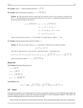 Lines 33
89 Example Figure 2.16 shews the upper semicircle y =
√
1 − x2.
90 Example Draw the semicircle of equation y = 1 −
√
−x2 − 6x− 5.
Solution: ◮ Since the square root has a minus sign, the semicircle will be a lower semicircle, lying below the
line y = 1. We must ﬁnd the centre and the radius of the circle . For this, let us complete the equation of the circle
by squaring and rearranging. This leads to
y = 1 −
√
−x2 − 6x− 5 =⇒ y− 1 = −
√
−x2 − 6x− 5
=⇒ (y− 1)2 = −x2 − 6x− 5
=⇒ x2 + 6x+ 9 + (y− 1)2 = −5 + 9
=⇒ (x+ 3)2 + (y− 1)2 = 4,
whence the semicircle has centre at (−3,1) and radius 2. Its graph appears in ﬁgure 2.17. ◭
91 Example Find the equation of the semicircle in ﬁgure 2.18.
Solution: ◮ The semicircle has centre at (−1,1) and radius 3. The full circle would have equation
(x+ 1)2
+ (y− 1)2
= 9.
Since this is a left semicircle, we must solve for x and take the minus − on the square root:
(x+1)2
+(y−1)2
= 9 =⇒ (x+1)2
= 9−(y−1)2
=⇒ x+1 = − 9 − (y− 1)2 =⇒ x = −1− 9 − (y− 1)2,
whence the equation sought is x = −1 − 9 − (y− 1)2. ◭
Homework
2.4.1 Problem Sketch the following curves.
1. y =
√
16 − x2
2. x = − 16 − y2
3. x = − 12 − 4y− y2
4. x = −5 − 12 + 4y− y2
2.4.2 Problem Draw
(x2
+ y2
− 100)(y− 4 − (x+ 4)2)(y− 4 − (x− 4)2)(y+ 4 + 4 − x2) = 0.
2.5 Lines
In the previous sections we saw the link Algebra to Geometry by giving the equation of a circle and producing its graph, and
conversely, the link Geometry to Algebra by starting with the graph of a circle and ﬁnding its equation. This section will
continue establishing these links, but our focus now will be on lines.
We have already seen equations of vertical and horizontal lines. We give their deﬁnition again for the sake of completeness.
 