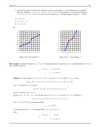 Inversion 81
3. To obtain the graph, we look at the endpoints of lines on the graph of f and exchange their coordinates.
Thus the endpoints (−5,−3), (−3,−2), (0,−1), (1,1), (5,3) on the graph of f now form the endpoints
(−3,−5), (−2,−3), (−1,0), (1,1), and (3,5) on the graph of f−1. The graph appears in ﬁgure 3.29 below.
4. f(+5) = 3.
5. f−1
(−2) = −3.
6. f−1(−1) = 0.
◭
−5
−4
−3
−2
−1
0
1
2
3
4
5
−5−4−3−2−1 0 1 2 3 4 5
Figure 3.28: f for example 205.
−5
−4
−3
−2
−1
0
1
2
3
4
5
−5−4−3−2−1 0 1 2 3 4 5
Figure 3.29: f−1 for example 205.
206 Example Consider the formula f(x) = x2 +4x+5. Demonstrate that f is injective in [−2;+∞[ and determine f([−2;+∞[).
Then, ﬁnd the inverse of
f :
[−2;+∞[ → f([−2;+∞[)
x → x2
+ 4x+ 5
.
Solution: ◮ Observe that x2 + 4x+ 5 = (x+ 2)2 + 1. Now, if a ∈ [−2;+∞[ and b ∈ [−2;+∞[, then
f(a) = f(b) =⇒ (a + 2)2
+ 1 = (b + 2)2
+ 1 =⇒ (a + 2)2
= (b + 2)2
.
As a + 2 ≥ 0 and b + 2 ≥ 0, we have
(a + 2)2
= (b + 2)2
=⇒ a + 2 = b + 2 =⇒ a = b,
whence f is injective in [−2;+∞[.
We have f(x) = (x+ 2)2 + 1 ≥ 1. We will shew that f([−2;+∞[ = [1;+∞[. Let b ∈ [1;+∞[. Solving for x:
f(x) = b =⇒ (x+ 2)2
+ 1 = b =⇒ (x+ 2)2
= b − 1.
As b − 1 ≥ 0,
√
b − 1 is a real number and thus
x = −2 +
√
b − 1
is a real number with x ≤ −2. We deduce that f([−2;+∞[) = [1;+∞[.
Since
f :
[−2;+∞[ → [1;+∞[
x → x2
+ 4x+ 5
 