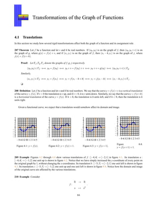4 Transformations of the Graph of Functions
4.1 Translations
In this section we study how several rigid transformations affect both the graph of a function and its assignment rule.
207 Theorem Let f be a function and let v and h be real numbers. If (x0,y0) is on the graph of f, then (x0,y0 + v) is on
the graph of g, where g(x) = f(x) + v, and if (x1,y1) is on the graph of f, then (x1 − h,y1) is on the graph of j, where
j(x) = f(x+ h).
Proof: Let Γf ,Γg,Γj denote the graphs of f,g, j respectively.
(x0,y0) ∈ Γf ⇐⇒ y0 = f(x0) ⇐⇒ y0 + v = f(x0)+ v ⇐⇒ y0 + v = g(x0) ⇐⇒ (x0,y0 + v) ∈ Γg.
Similarly,
(x1,y1) ∈ Γf ⇐⇒ y1 = f(x1) ⇐⇒ y1 = f(x1 − h + h) ⇐⇒ y1 = j(x1 − h) ⇐⇒ (x1 − h,y1) ∈ Γj.
u
208 Deﬁnition Let f be a function and let v and h be real numbers. We say that the curve y = f(x)+v is a vertical translation
of the curve y = f(x). If v > 0 the translation is v up, and if v < 0, it is v units down. Similarly, we say that the curve y = f(x+h)
is a horizontal translation of the curve y = f(x). If h > 0, the translation is h units left, and if h < 0, then the translation is h
units right.
Given a functional curve, we expect that a translation would somehow affect its domain and image.
−5
−4
−3
−2
−1
0
1
2
3
4
5
−5−4−3−2−10 1 2 3 4 5
Figure 4.1: y = f(x).
−5
−4
−3
−2
−1
0
1
2
3
4
5
−5−4−3−2−10 1 2 3 4 5
Figure 4.2: y = f(x)+ 1.
−5
−4
−3
−2
−1
0
1
2
3
4
5
−5−4−3−2−10 1 2 3 4 5
Figure 4.3: y = f(x+ 1).
−5
−4
−3
−2
−1
0
1
2
3
4
5
−5−4−3−2−10 1 2 3 4 5
Figure 4.4:
y = f(x+ 1)+ 1.
209 Example Figures 4.2 through 4.4 shew various translations of f : [−4;4] → [−2;1] in ﬁgure 4.1. Its translation a :
[−4;4] → [−1;2] one unit up is shewn in ﬁgure 4.2. Notice that we have simply increased the y-coordinate of every point on
the original graph by 1, without changing the x-coordinates. Its translation b : [−5;3] → [−2;1] one unit left is shewn in ﬁgure
4.3. Its translation c : [−5;3] → [−1;2] one unit up and one unit left is shewn in ﬁgure 4.4. Notice how the domain and image
of the original curve are affected by the various translations.
210 Example Consider
f :
R → R
x → x2
.
84
 