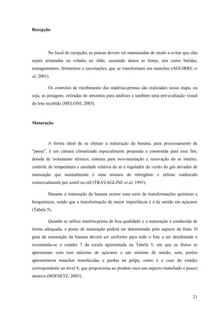 Recepção




         No local de recepção, as pencas devem ser manuseadas de modo a evitar que elas
sejam arrastadas ou roladas no chão, causando danos as frutas, tais como batidas,
esmagamentos, ferimentos e escoriações, que se transformam em manchas (AGUIRRE et
al, 2001).

         Os controles de recebimento das matérias-primas são realizados nessa etapa, ou
seja, as pesagens, retiradas de amostras para análises e também uma pré-avaliação visual
do lote recebido (MELONI, 2003).



Maturação



         A forma ideal de se efetuar a maturação da banana, para processamento de
“passa”, é em câmara climatizada especialmente projetada e construída para esse fim,
dotada de isolamento térmico, sistema para movimentação e renovação do ar interno,
controle de temperatura e umidade relativa do ar e regulador da vazão do gás ativador de
maturação que normalmente é uma mistura de nitrogênio e etileno conhecido
comercialmente por azetil ou etil (TRAVAGLINE et al, 1993).

         Durante a maturação da banana ocorre uma serie de transformações químicas e
bioquímicas, sendo que a transformação de maior importância é a de amido em açúcares
(Tabela 5).

         Quando se utiliza matéria-prima de boa qualidade e a maturação é conduzida de
forma adequada, o ponto de maturação poderá ser determinado pelo aspecto da fruta. O
grau de maturação da banana deverá ser uniforme para todo o lote a ser desidratado e
recomenda-se o estádio 7 da escala apresentada na Tabela 5, em que os frutos se
apresentam com teor máximo de açúcares e um mínimo de amido, sem, porém
apresentarem manchas translúcidas e pardas na polpa, como é o caso do estádio
correspondente ao nível 8, que proporciona ao produto seco um aspecto manchado e pouco
atrativo (HOFSETZ, 2003).



                                                                                     21
 