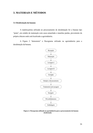 3. MATERIAIS E MÉTODOS


3.1 Desidratação da banana


        A matéria-prima utilizada no processamento de desidratação foi a banana tipo
“prata”, em estádio de maturação com casca amarelada e manchas pardas, proveniente da
própria chácara onde está localizada a agroindústria.

        A Figura 2 “demonstra” o fluxograma utilizado na agroindústria para a
desidratação da banana.




             Figura 2. Fluxograma utilizado na agroindústria para o processamento da banana
                                          desidratada




                                                                                              26
 