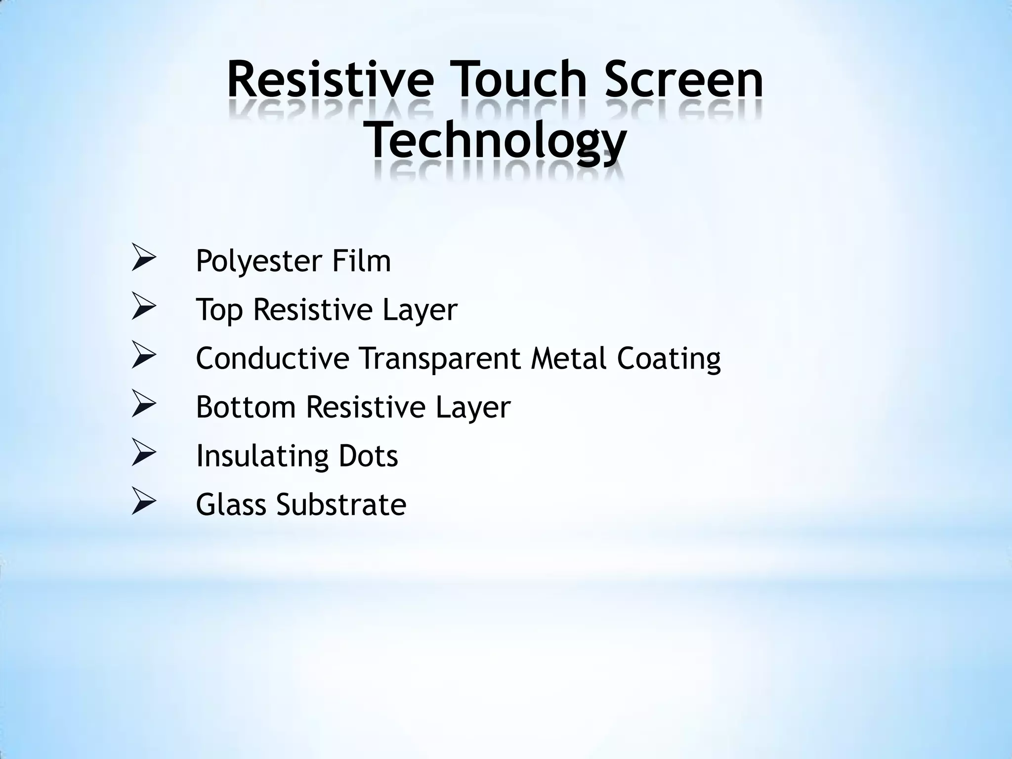 Resistive Touch Screen
Technology
 Polyester Film
 Top Resistive Layer
 Conductive Transparent Metal Coating
 Bottom Resistive Layer
 Insulating Dots
 Glass Substrate
 