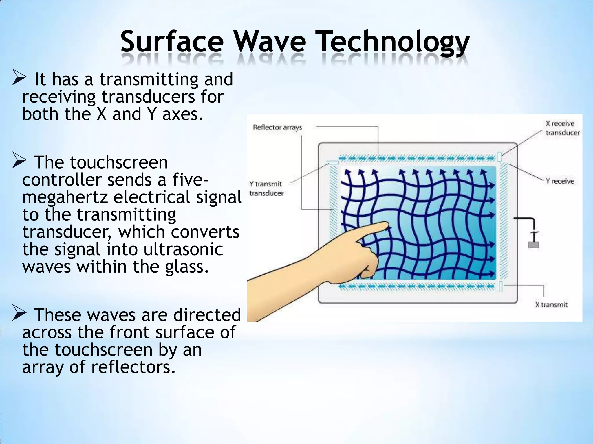 Surface Wave Technology
 It has a transmitting and
receiving transducers for
both the X and Y axes.
 The touchscreen
controller sends a five-
megahertz electrical signal
to the transmitting
transducer, which converts
the signal into ultrasonic
waves within the glass.
 These waves are directed
across the front surface of
the touchscreen by an
array of reflectors.
 