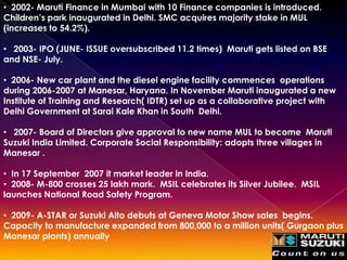 • 2002- Maruti Finance in Mumbai with 10 Finance companies is introduced.
Children’s park inaugurated in Delhi. SMC acquires majority stake in MUL
(increases to 54.2%).

• 2003- IPO (JUNE- ISSUE oversubscribed 11.2 times) Maruti gets listed on BSE
and NSE- July.

• 2006- New car plant and the diesel engine facility commences operations
during 2006-2007 at Manesar, Haryana. In November Maruti inaugurated a new
Institute of Training and Research( IDTR) set up as a collaborative project with
Delhi Government at Sarai Kale Khan in South Delhi.

• 2007- Board of Directors give approval to new name MUL to become Maruti
Suzuki India Limited. Corporate Social Responsibility: adopts three villages in
Manesar .

• In 17 September 2007 it market leader in India.
• 2008- M-800 crosses 25 lakh mark. MSIL celebrates its Silver Jubilee. MSIL
launches National Road Safety Program.

• 2009- A-STAR or Suzuki Alto debuts at Geneva Motor Show sales begins.
Capacity to manufacture expanded from 800,000 to a million units( Gurgaon plus
Manesar plants) annually
 