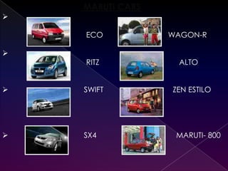 MARUTI CARS


    ECO           WAGON-R


    RITZ           ALTO


   SWIFT         ZEN ESTILO




   SX4            MARUTI- 800
 