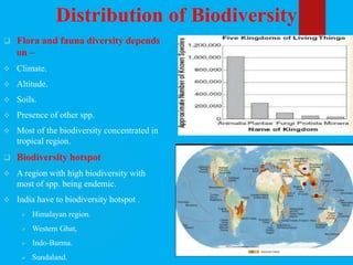 Distribution of Biodiversity
 Flora and fauna diversity depends
on –
 Climate.
 Altitude.
 Soils.
 Presence of other spp.
 Most of the biodiversity concentrated in
tropical region.
 Biodiversity hotspot
 A region with high biodiversity with
most of spp. being endemic.
 India have to biodiversity hotspot .
 Himalayan region.
 Western Ghat,
 Indo-Burma.
 Sundaland.
 