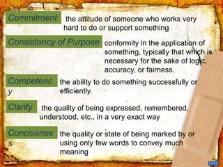 Commitment
Consistency of Purpose
Competenc
y
the attitude of someone who works very
hard to do or support something
Clarity
conformity in the application of
something, typically that which is
necessary for the sake of logic,
accuracy, or fairness.
Concisenes
s
the ability to do something successfully or
efficiently.
the quality of being expressed, remembered,
understood, etc., in a very exact way
the quality or state of being marked by or
using only few words to convey much
meaning
 
