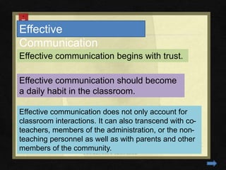 Effective
Communication
Effective communication begins with trust.
Effective communication should become
a daily habit in the classroom.
Effective communication does not only account for
classroom interactions. It can also transcend with co-
teachers, members of the administration, or the non-
teaching personnel as well as with parents and other
members of the community.
 