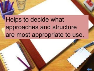 Helps to decide what
approaches and structure
are most appropriate to use.
 