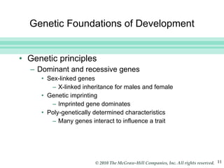 Genetic Foundations of Development Genetic principles Dominant and recessive genes Sex-linked genes X-linked inheritance for males and female Genetic imprinting Imprinted gene dominates Poly-genetically determined characteristics Many genes interact to influence a trait 