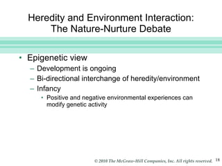 Heredity and Environment Interaction: The Nature-Nurture Debate Epigenetic view Development is ongoing Bi-directional interchange of heredity/environment Infancy Positive and negative environmental experiences can modify genetic activity 
