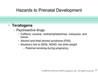 Hazards to Prenatal Development Teratogens Psychoactive drugs Caffeine, cocaine, methamphetamines, marijuana, and heroin  Alcohol and fetal alcohol syndrome (FAS)  Nicotine’s link to SIDS, ADHD, low birth weight Paternal smoking during pregnancy 